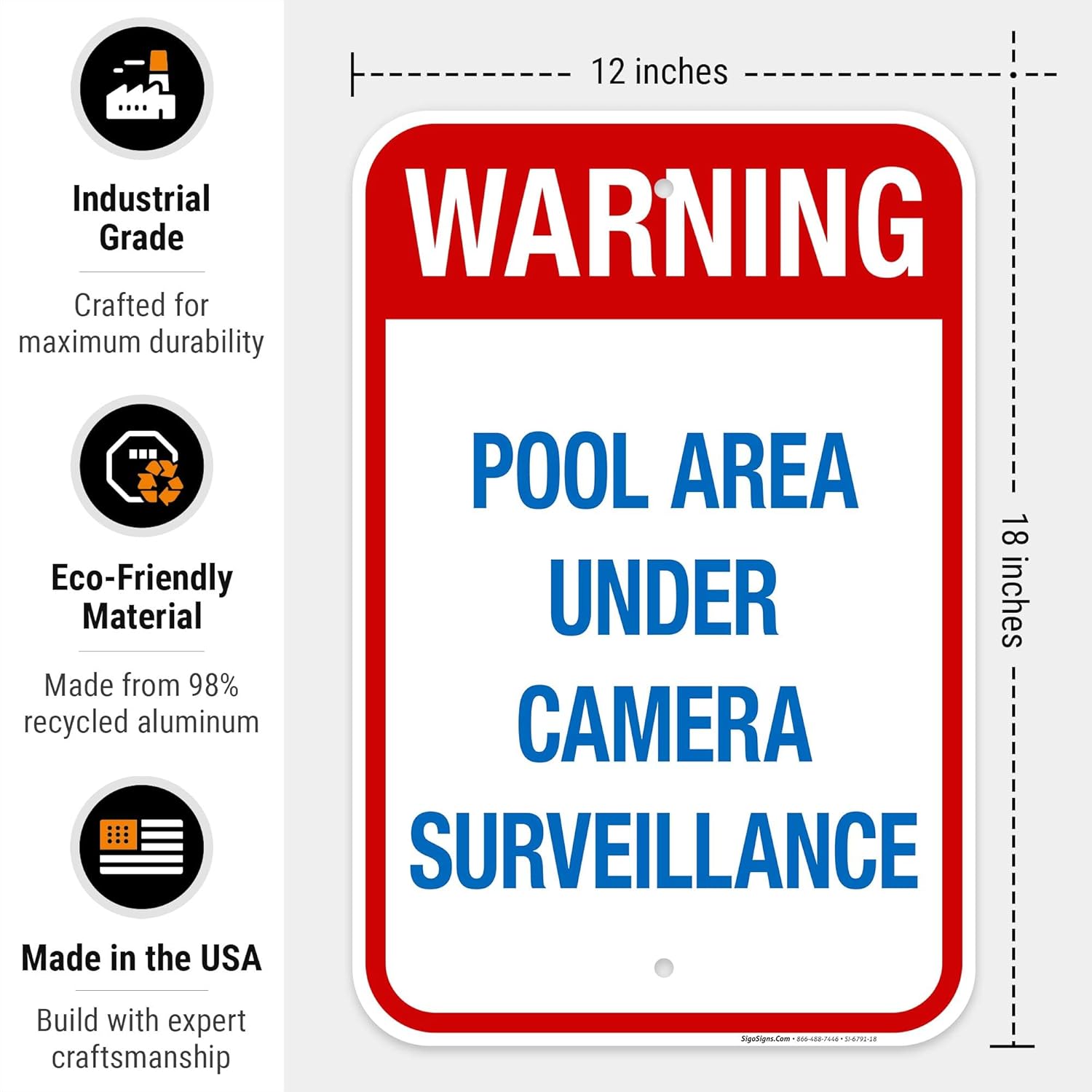 Pool Area Under Camera Surveillance Sign, Pool Sign, 12x18 Inches, 55 mil Thick HDPS (high Density polystyrene), Made in USA