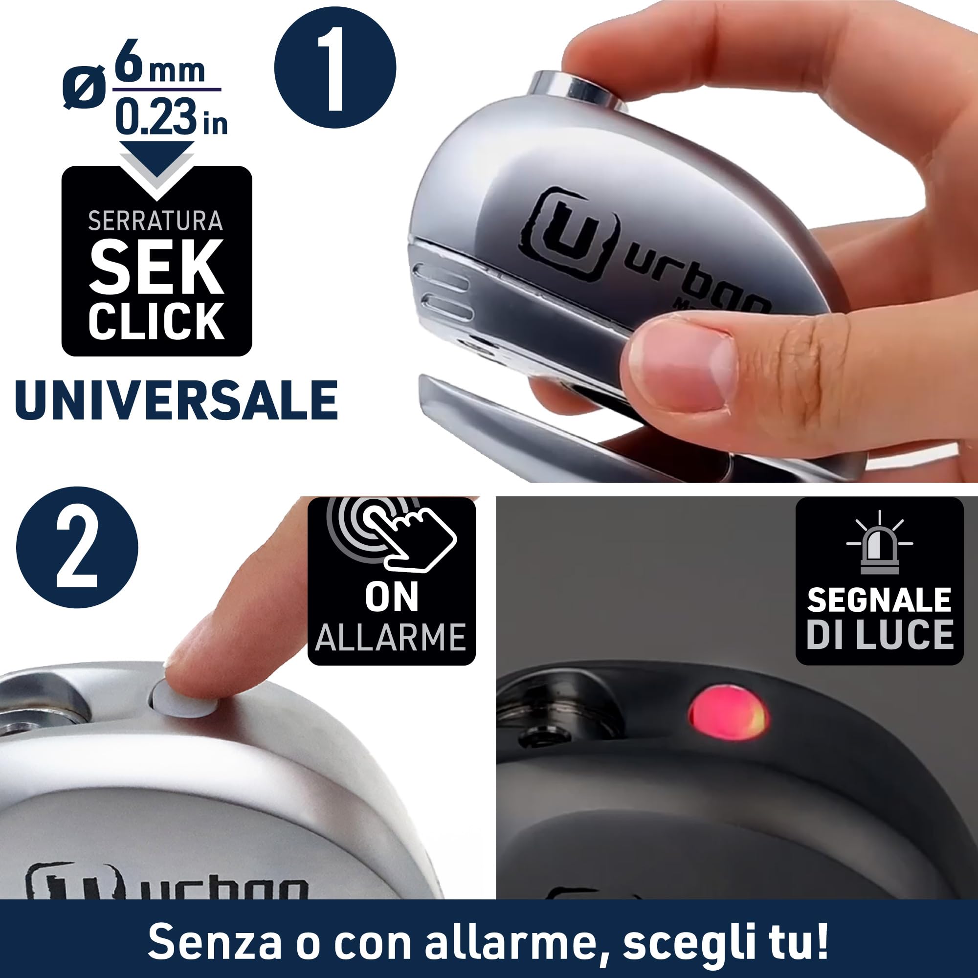 URBAN UR22 Bloccadisco Moto Allarme 120dB Pulsante ON, Warning Sonoro + LED, Batteria Litio, Impermeabile, Supporto Opzionale, Serratura Sicurezza Click ø6mm, Lucchetto Antifurto Blocca Disco per Moto