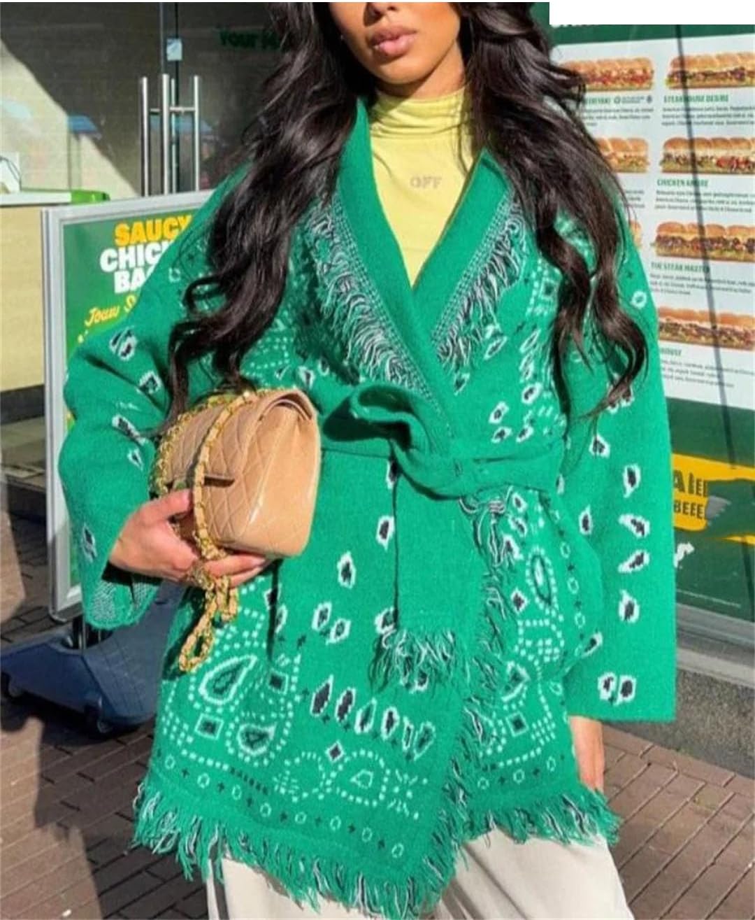 Women Tassel Patchwork Printed Cardigan Geometric Patterns Belts V-Neck Long Sleeve Knitted Sweater Coat