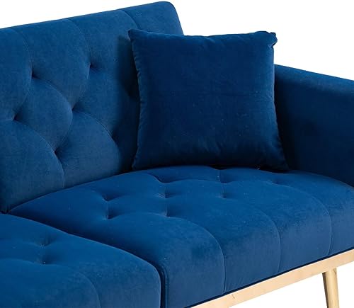 Miniatura 7 de FRITHJILL Cama tapizada de terciopelo con almohada y patas de metal dorado, sofá biplaza moderno copetudo con respaldo ajustable y brazos de oruga,