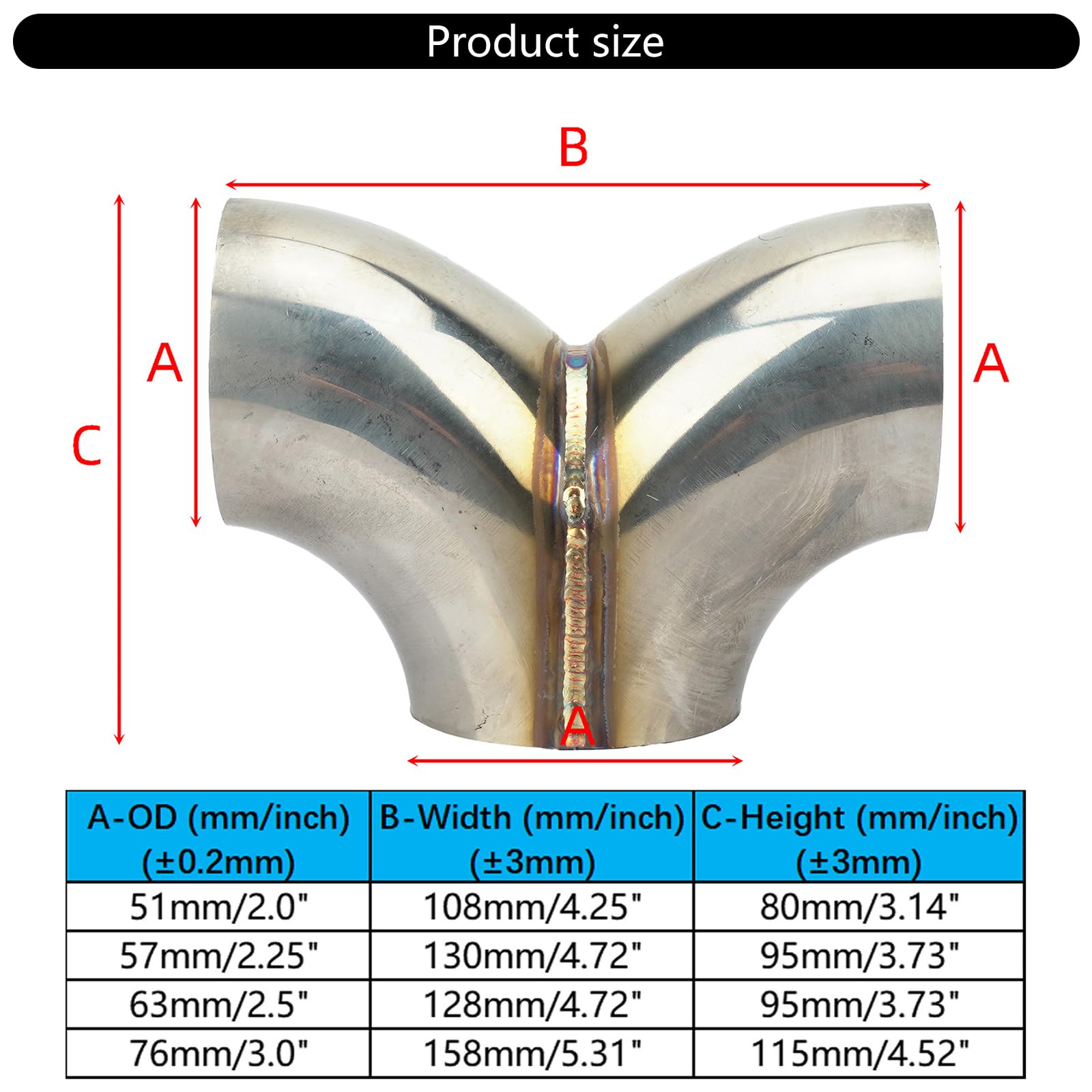 Connettore per Tubo Scarico a Forma Y in Acciaio Inossidabile 304 51mm 57mm 63mm 76mm Tubo a Y per Motocicletta Resistente alla corrosione a Bassa Pressione Posteriore per Potenza del Motore