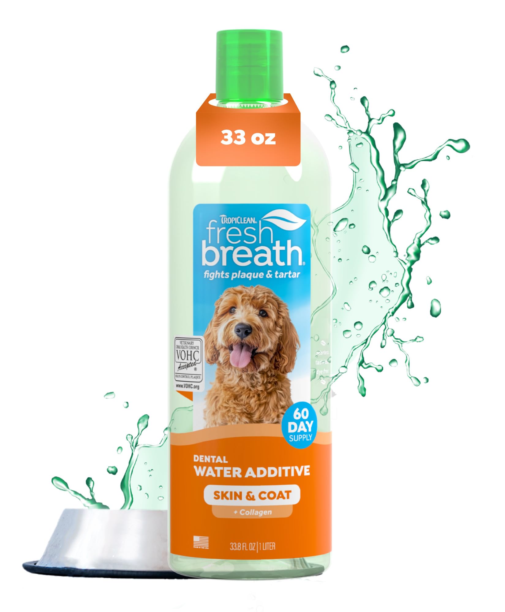TropiClean Fresh Breath Water Additive for Dogs with Collagen, Skin Health Support for Dogs, Breath Freshener and Teeth Cleaning Solution, 33.8oz.