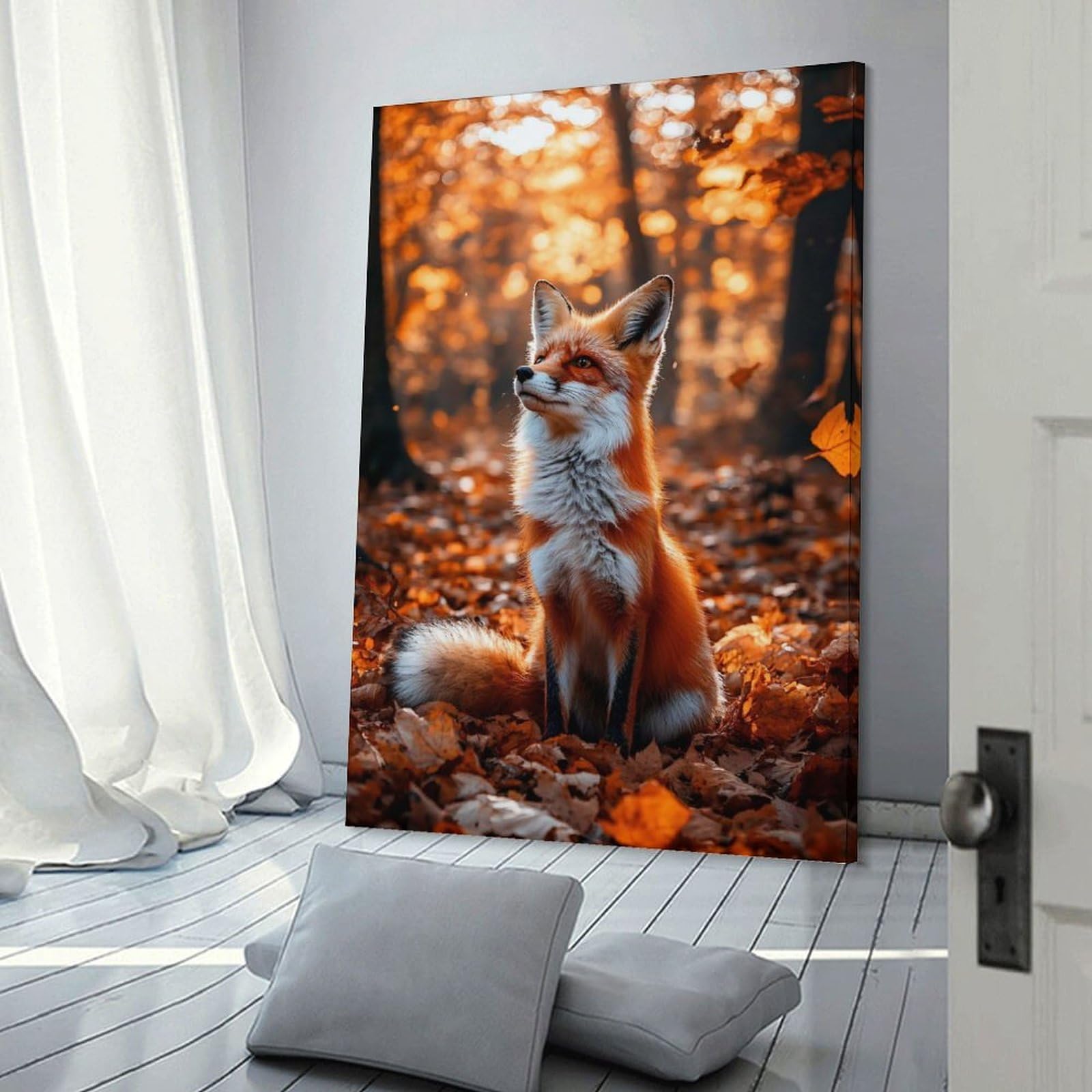 Junmoney Fox in Autumn Leaves Wall Art Print, 20x30inch(50x75cm), for Corridors, Hallways Or Apartment Entries, Wall Decor to Refresh Empty Corners