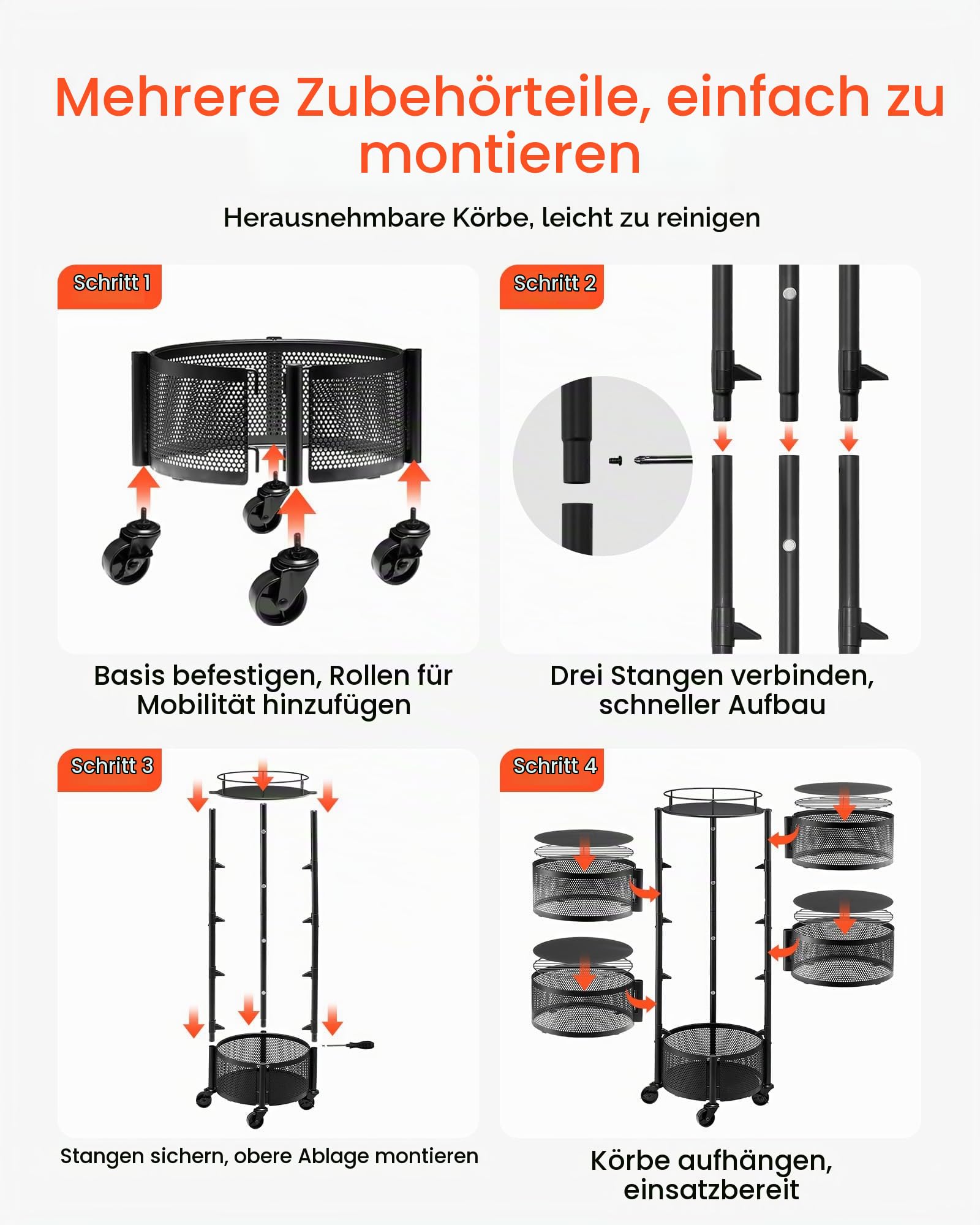 VEVOR Gemüseregal Küchenwagen mit 5 Ebenen, Obstkorb, Gemüsekorb aus Metall, Fahrbarer Drahtkorb-Organizer auf Rollen, Schwarzer Aufbewahrungswagen, ideal für Küche, Bad & Kinderzimmer