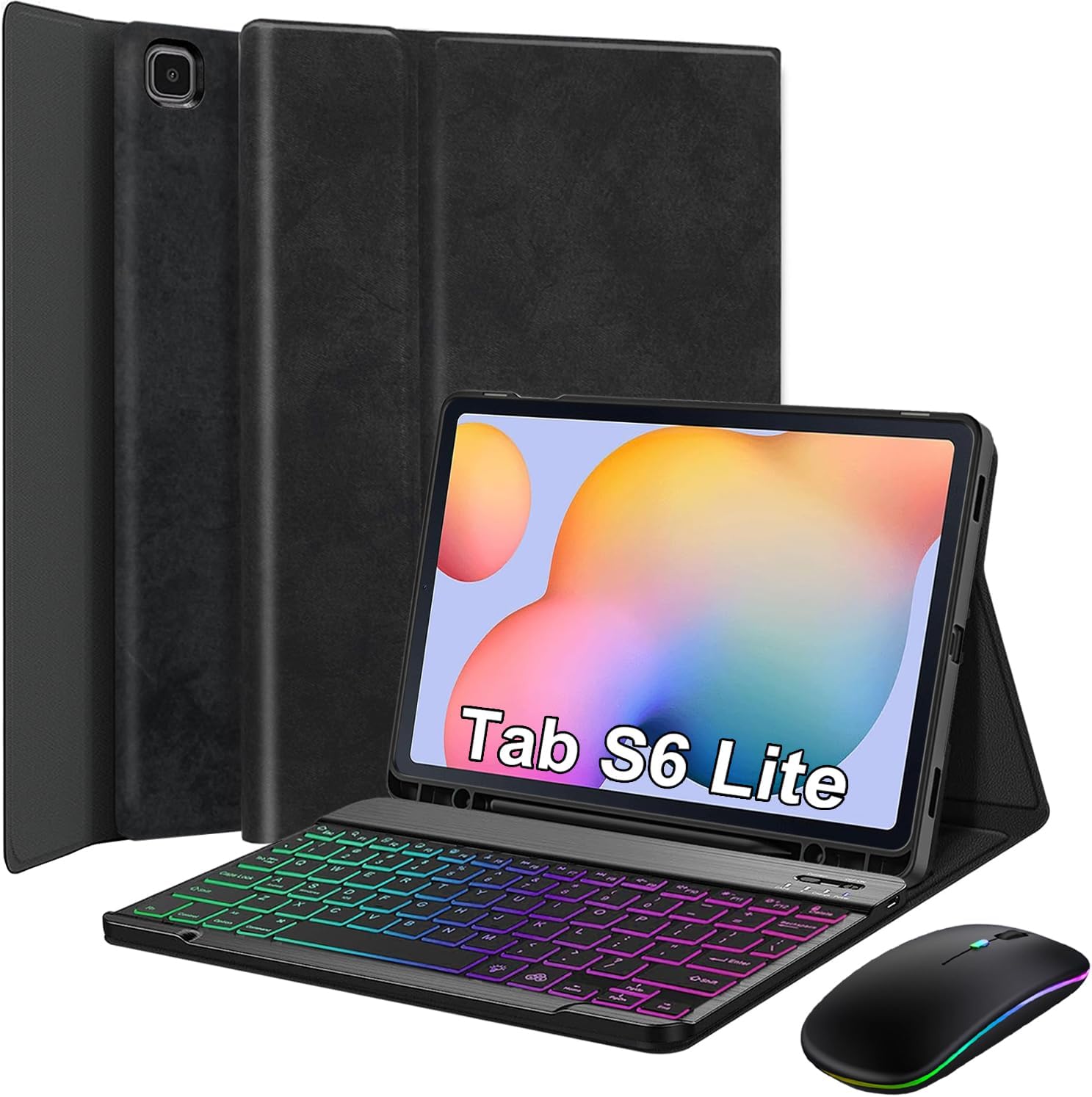 Case with Keyboard for Samsung Galaxy Tab S6 Lite 10.4 Inch 2024/2022/2020, Built-in S Pen Holder, 7 Color Rainbow Backlight Detachable Wireless Keyboard Cover with LED Bluetooth 2.4G Mouse