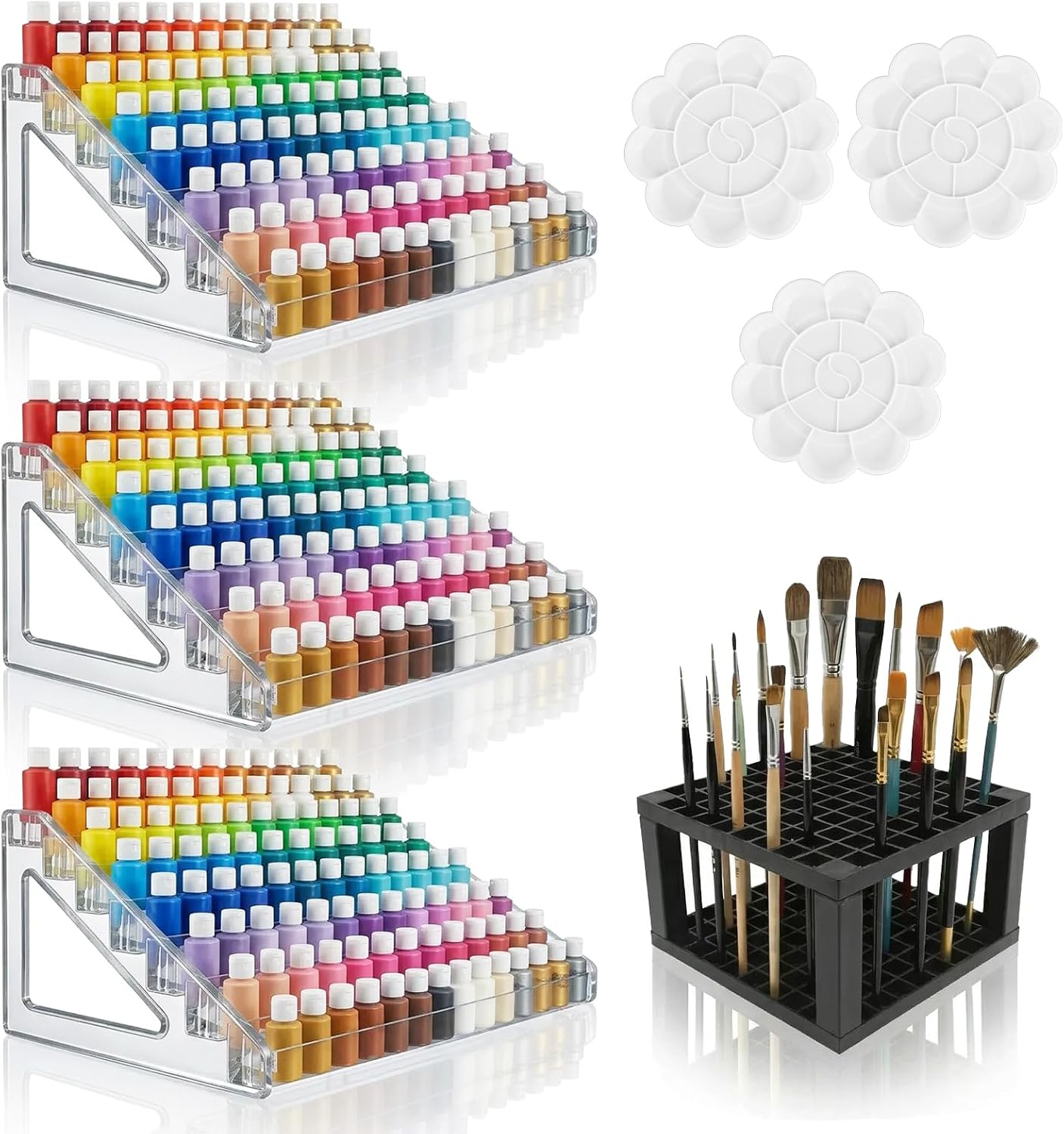 3 Pcs Clear Paint Organizer with Mixing Palettes and Brush Holder, 7 Layers Acrylic Miniature Craft Paint Organizer Rack for Oil, Model Storage