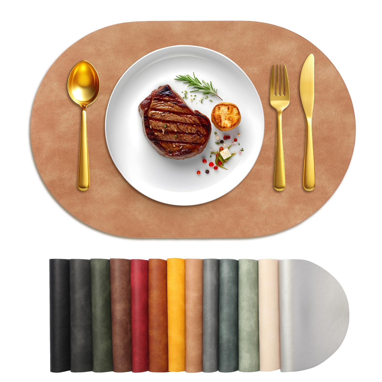 UnivoColors Lot de 8 sets de table ovales en similicuir résistant à la chaleur, lavables, 30,5 x 43,2 cm, imperméables et faciles à nettoyer pour cuisine, salle à manger, chameau