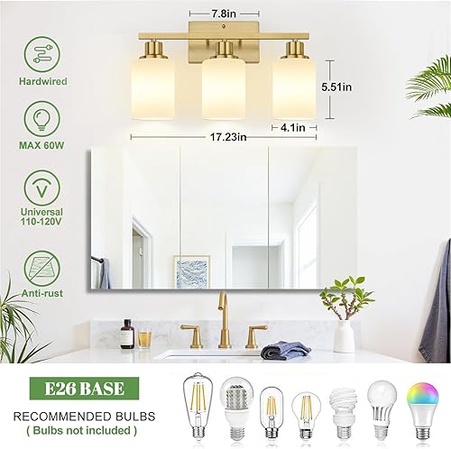 Miniatura 7 de Lámpara de baño de 4 luces, lámpara de tocador dorada cepillada con tonos blancos lechosos, accesorios de iluminación de baño sobre espejo, lámpara
