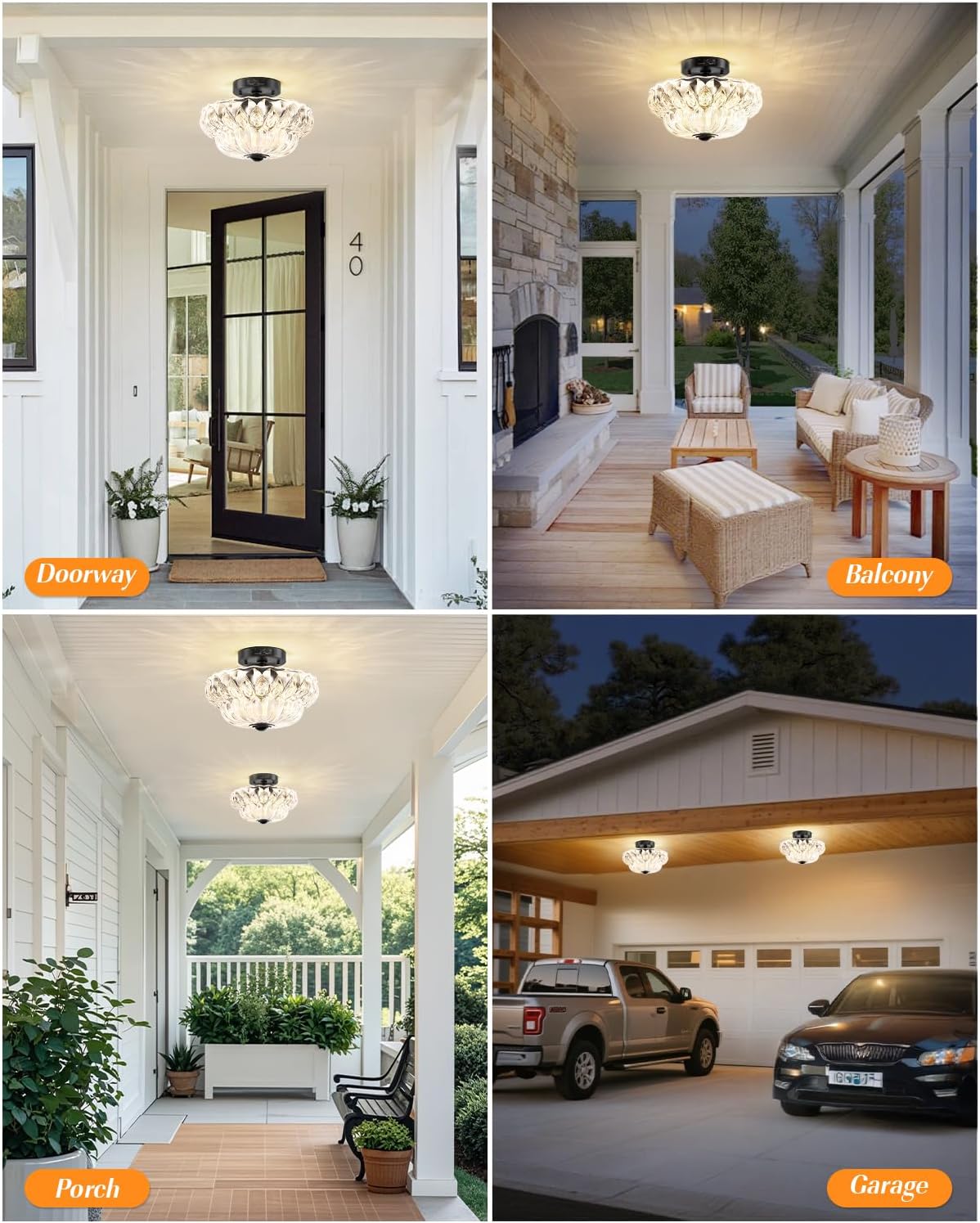 Redluck Mid Century Modern Motion Sensor Outdoor Ceiling Light, 11'' Glass Dusk to Dawn Flush Mount Porch Lights Outdoor, Black Ceiling Lamp for Entryway, Garage, Hallway (Bulb Not Included)