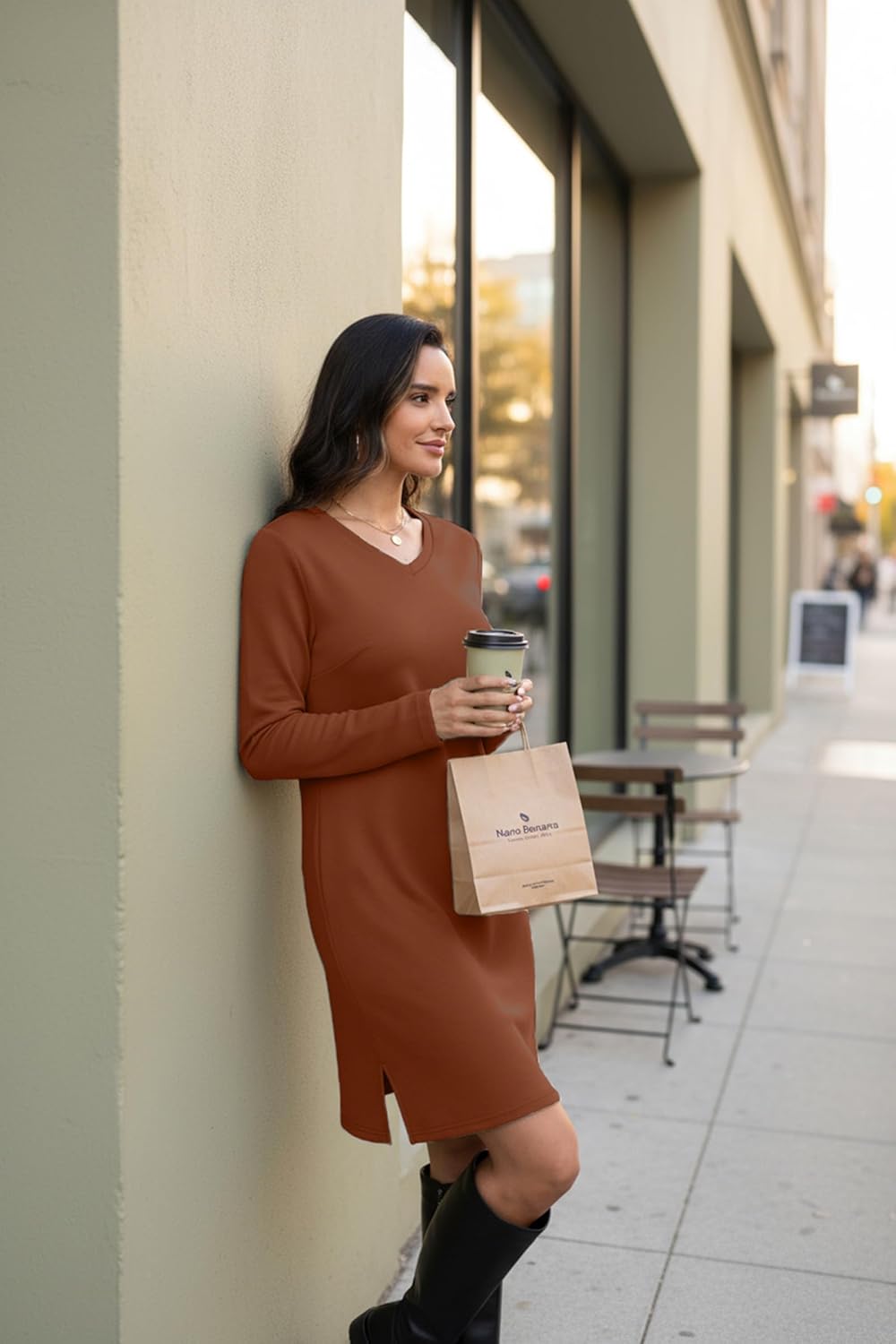 levaca Dresses for Women 2026 Spring Fall Fashion Casual Long Sleeve V Neck Tshirt Dress Side Split Outfits with Pockets - Image 5