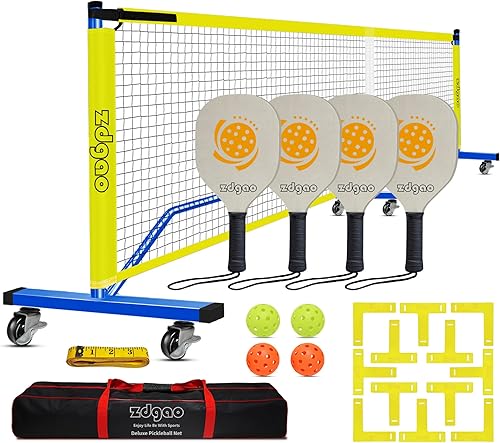 Pickleball Net for Driveway - Portable Pickleball Set with Net and Paddles Set of 4, Court Marking Kit, Outdoor Pickleballs, Carry Bag, Steady Metal