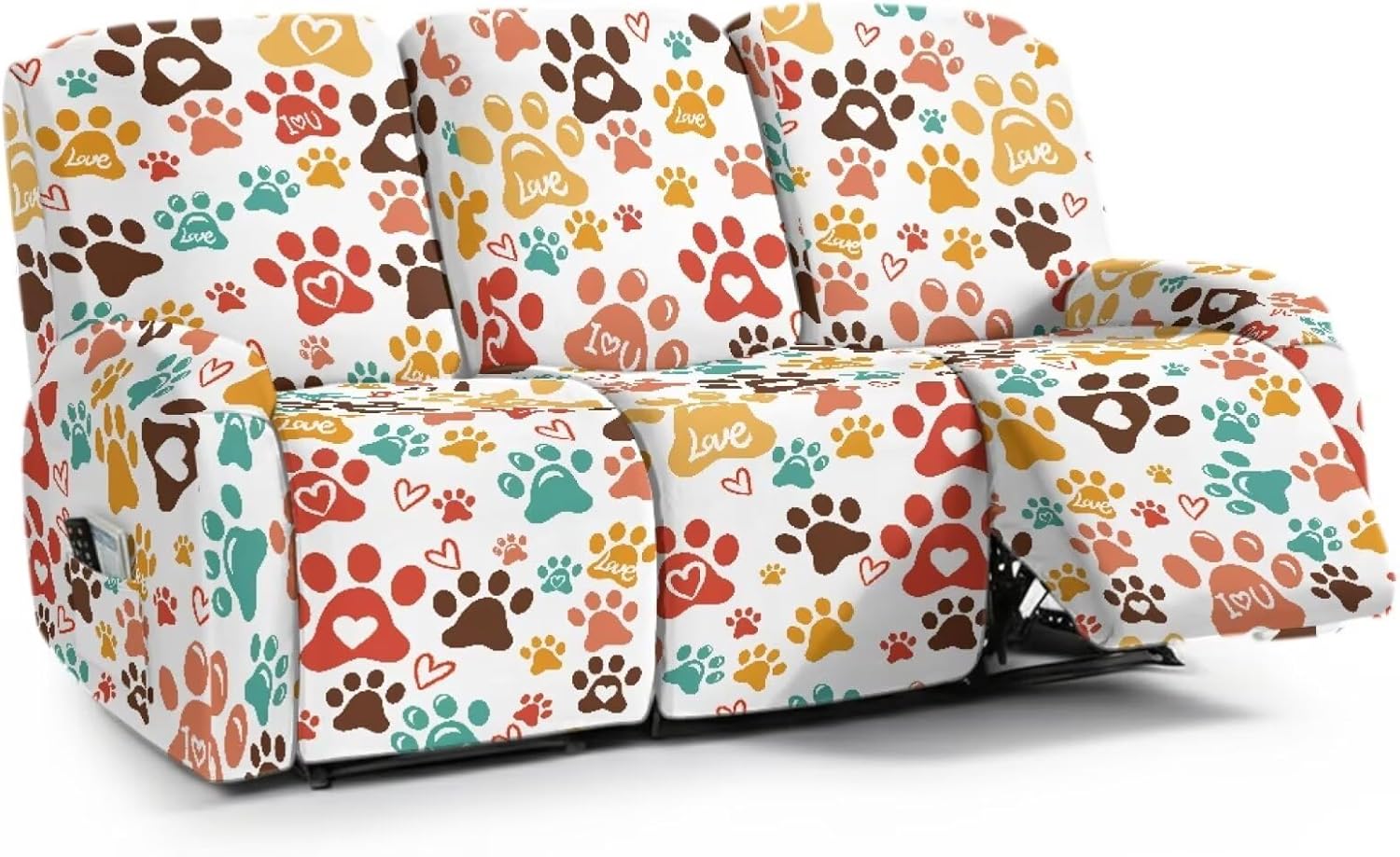 Colorful Dog Paw Print Recliner Sofa Covers 8 Pcs Stretch Reclining Chair Slipcovers Dustproof Furniture Protector for 3 Seater Couch Decor Covers