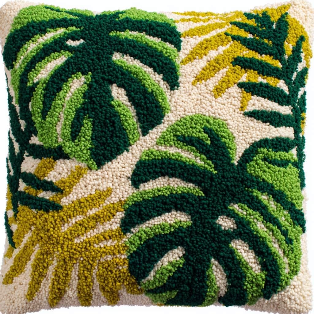 Taxpy Latch Hook Cushion Kits Leaf Pillowcase Kits Embroidery Kit 17X17 Inch DIY Needlework Pillow Cover Sofa Cushion Rug Making