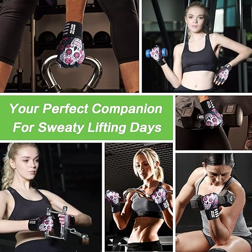 Miniatura 5 de Guantes de levantamiento de pesas para mujer, entrenamiento de gimnasio con soporte de muñeca, guantes acolchados de medio dedo para ejercicio de