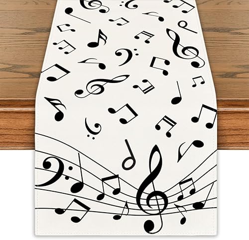 Notas musicales, camino de mesa, evento musical, decoración de fiesta de cumpleaños, notas musicales en blanco y negro, decoraciones de hierba de