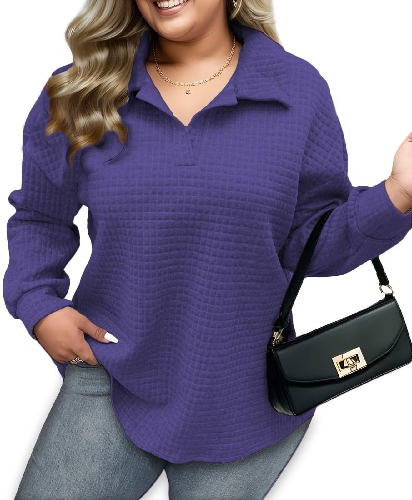 VOGRACEPlus Size Pullover Sweatshirts for Women Quilted V Neck Polo Shirts Purple XL