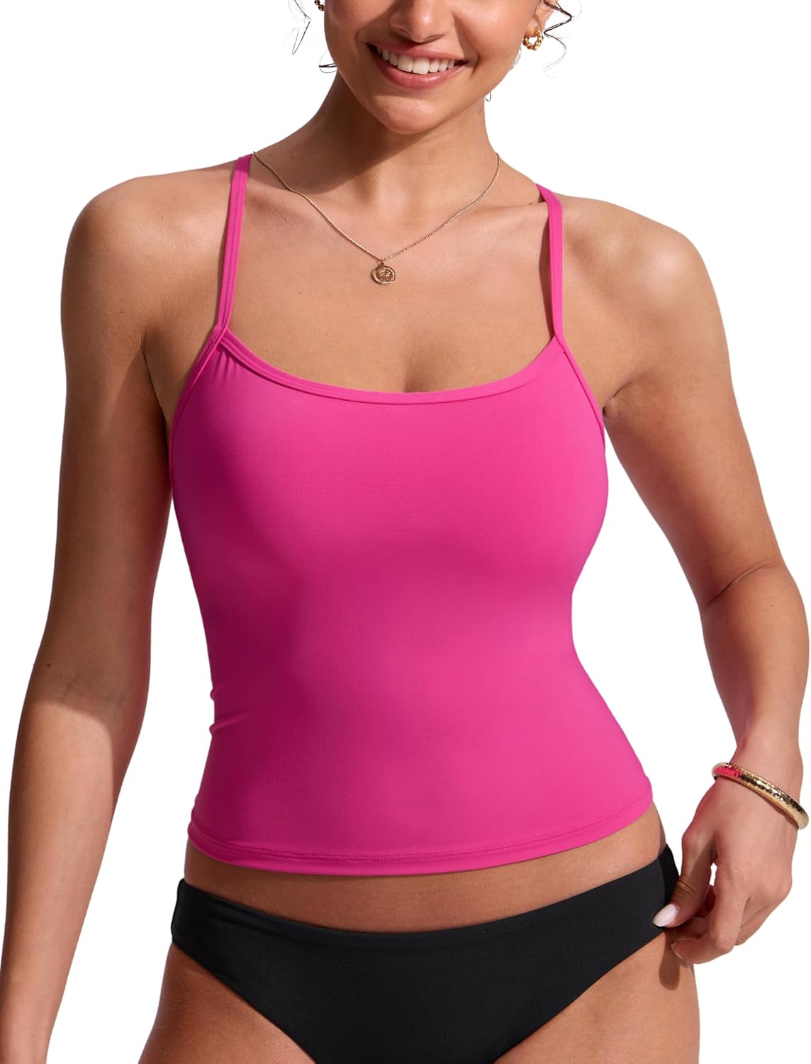 CRZ YOGA Spaghetti Straps Tankini Tops for Women - Padded Racerback Scoop Neck Bathing Suit Crop Swim Tank