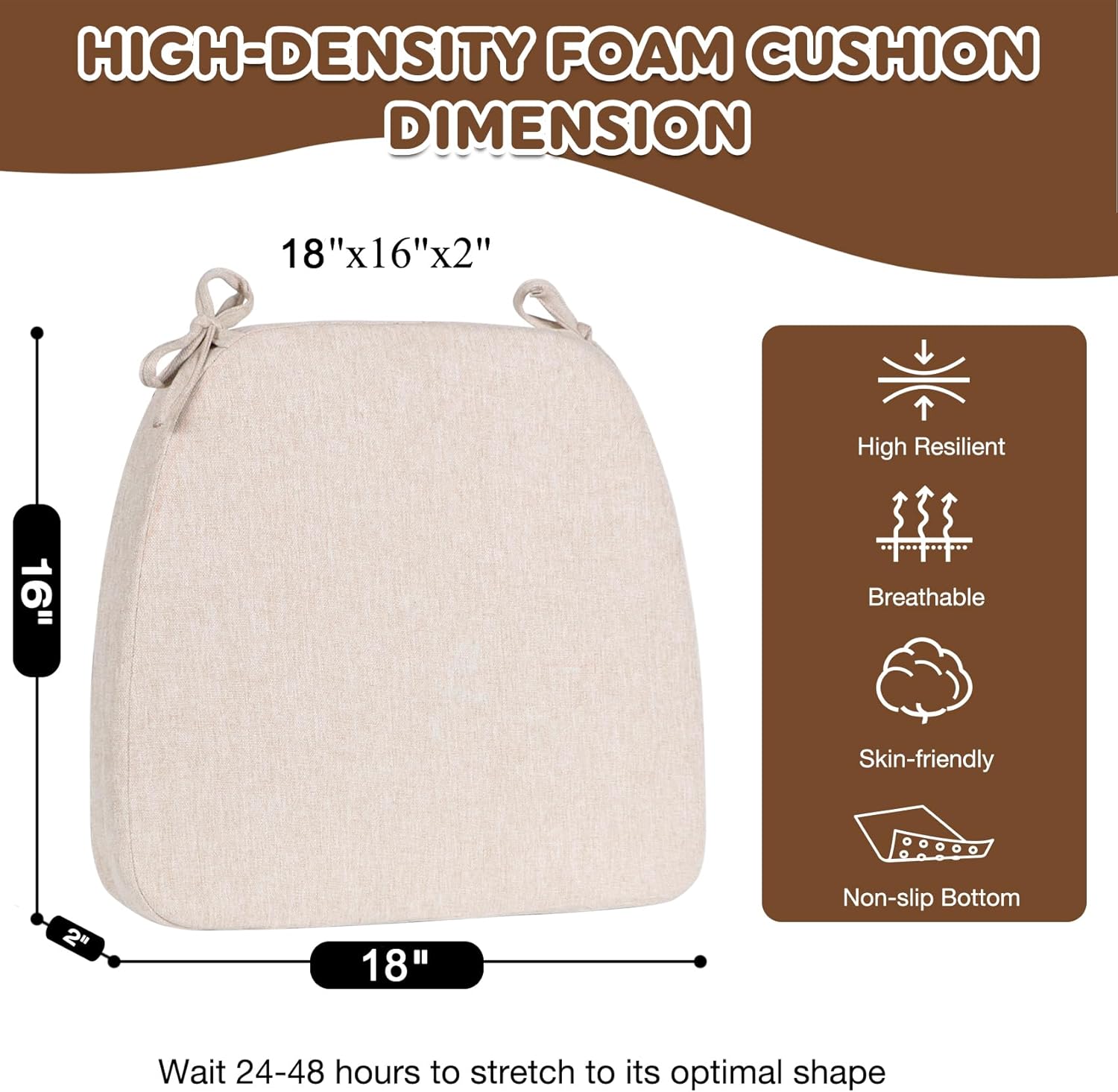 chair cushions for dining chairs set of 4, d-shaped non-slip seat cushions with ties and removable cover, 2" thick chair pads for indoor dining room, kitchen, 18''x16'', beige beige 4 pack