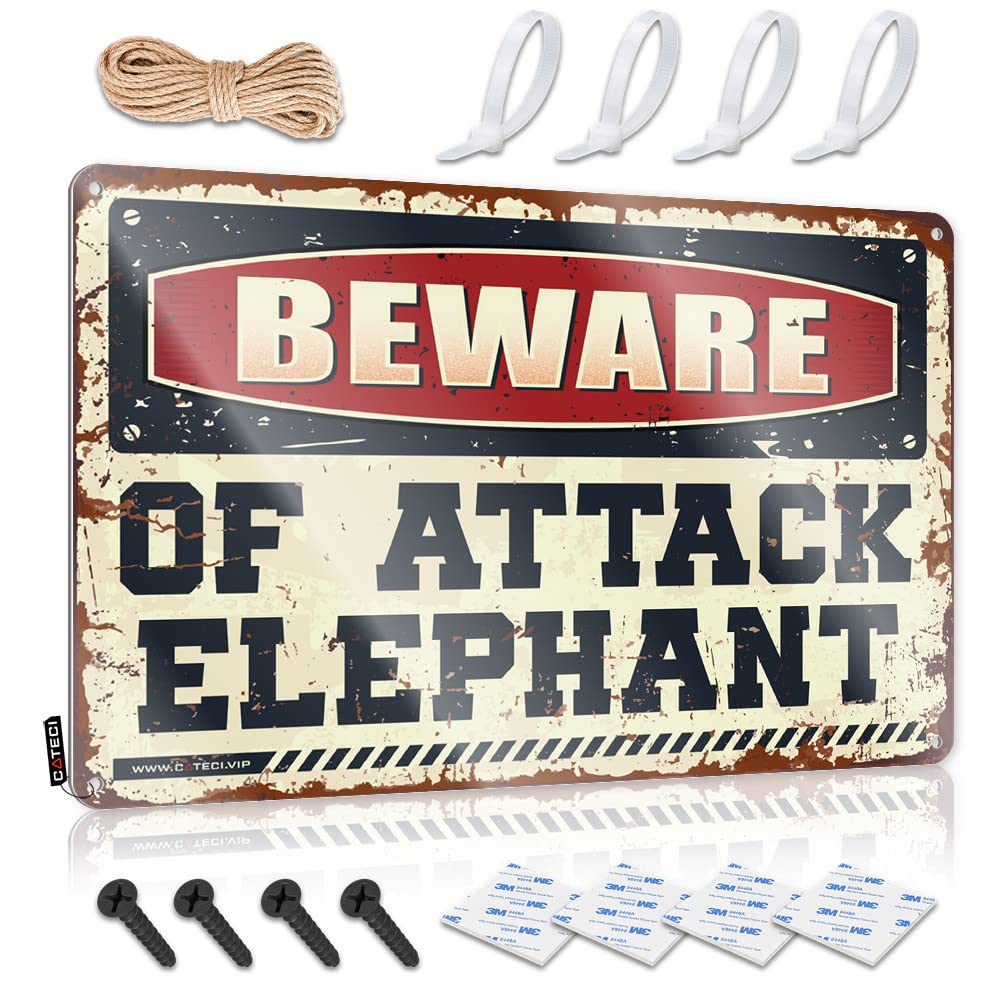 STWNVOITV Metal Sign Funny Beware Of Attack Elephant Tin Sign Sign For Bedroom Door Bar Sign Metal(30X40CM)