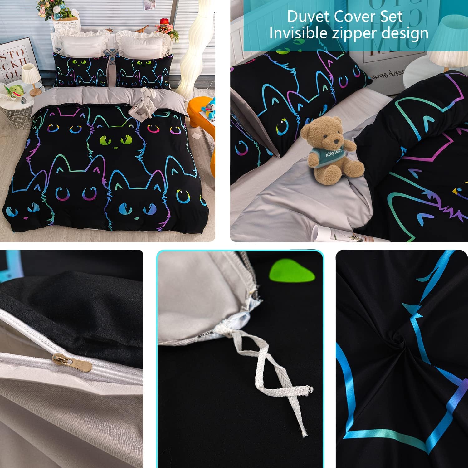 Cartoon Cat Comforter Cover Set - Twin Size, Gradient Line Cat Bedding Set with Zipper for Teens, Kids, Boys, Girls, Adults Room Decor - 1 Quilt Cover, 2 Pillow Cases - Black