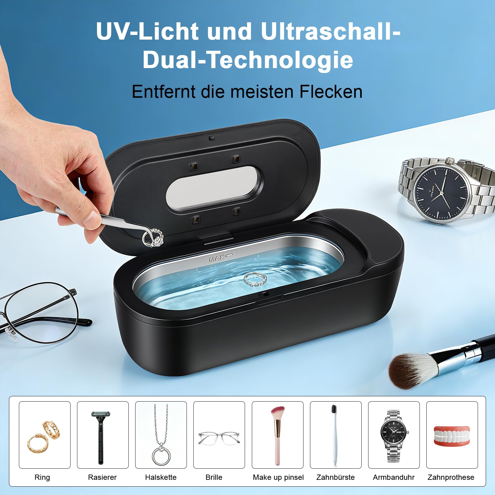 ERWEY Limpiador Ultrasonidos 48000Hz, Ultrasonic Cleaner de 400 ML, Limpiador ultrasónico y 2 Modos de Limpieza, Ultrasonidos Sónico para dentaduras postizas, joyas, gafas y relojes, Negro