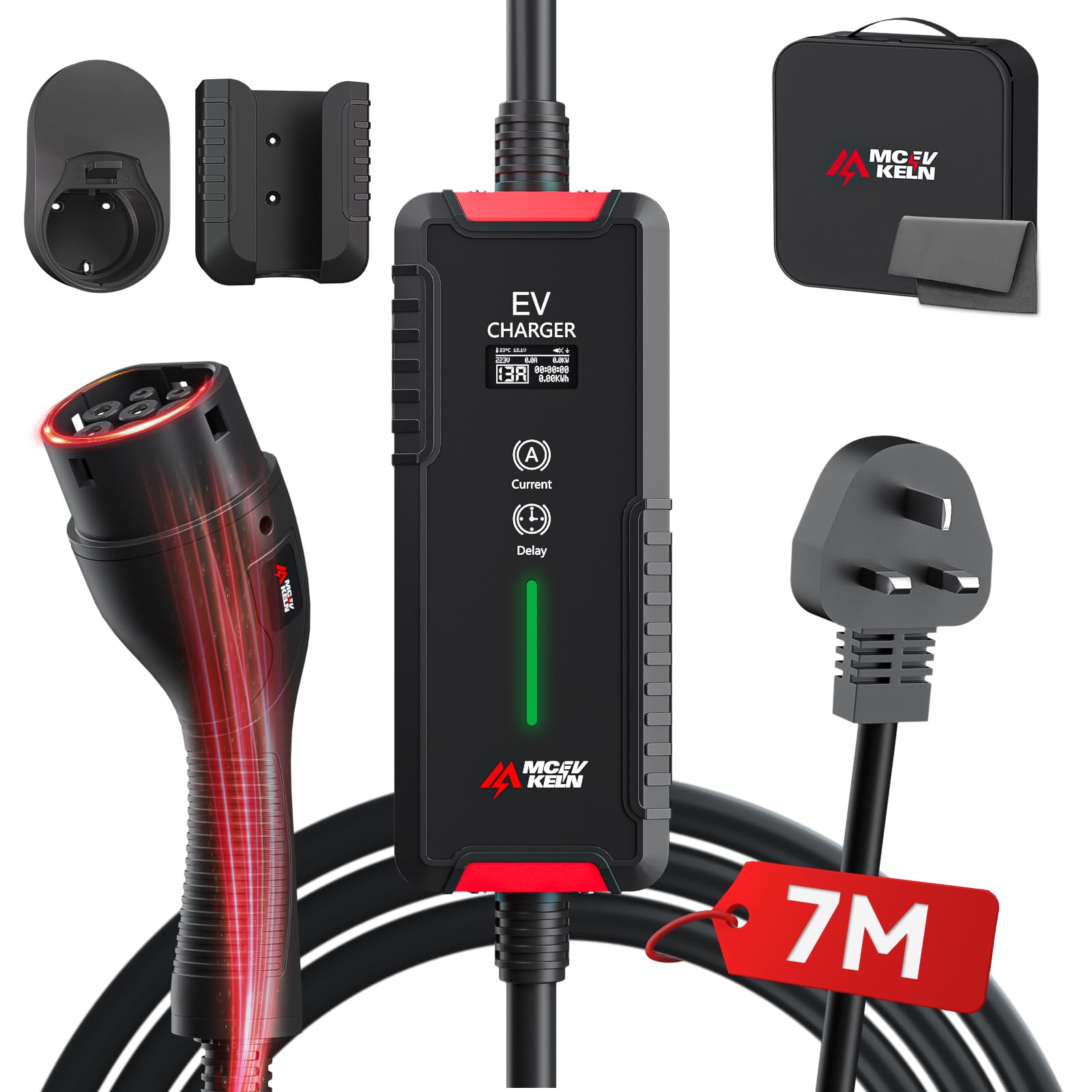 MCEVKELN ev charger Type 2 to 3 PIN - 3Pin to Type 2 3kW 7M| 1-Phase| 13A Mode 3 Charging Cable | Switchable Current 6A-13A, EV Mobile Charging Station for Electric Cars & Hybrid Sock