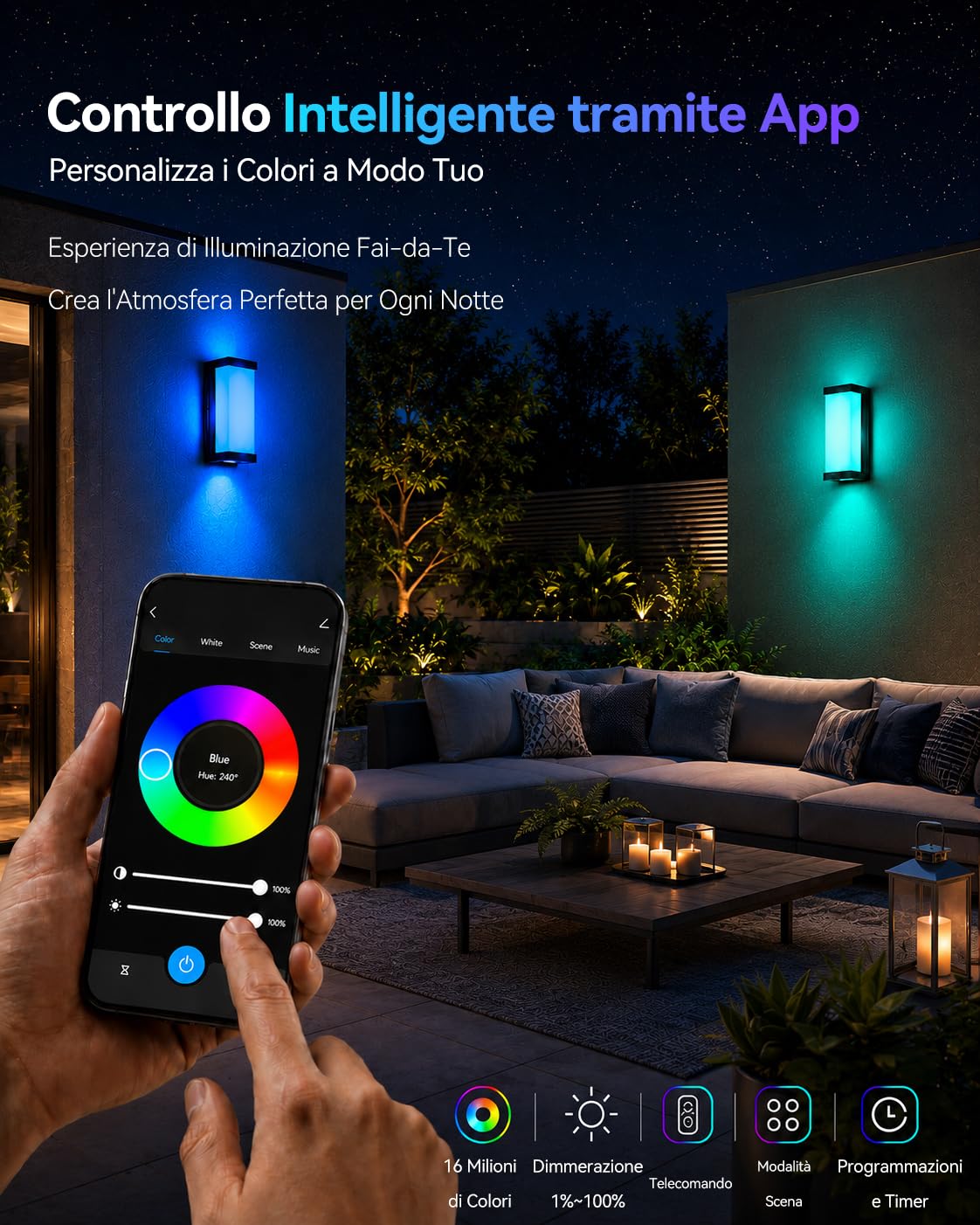Meevt Lampade da Esterno RGBCW IP65, Smart Applique da Parete Interno, 1 Pz | 1800LM, Illuminazione a 3 Lati, Lampade con Alexa e Google Assistant, Controllo App / Telecomando, Balconi Giardini Garage