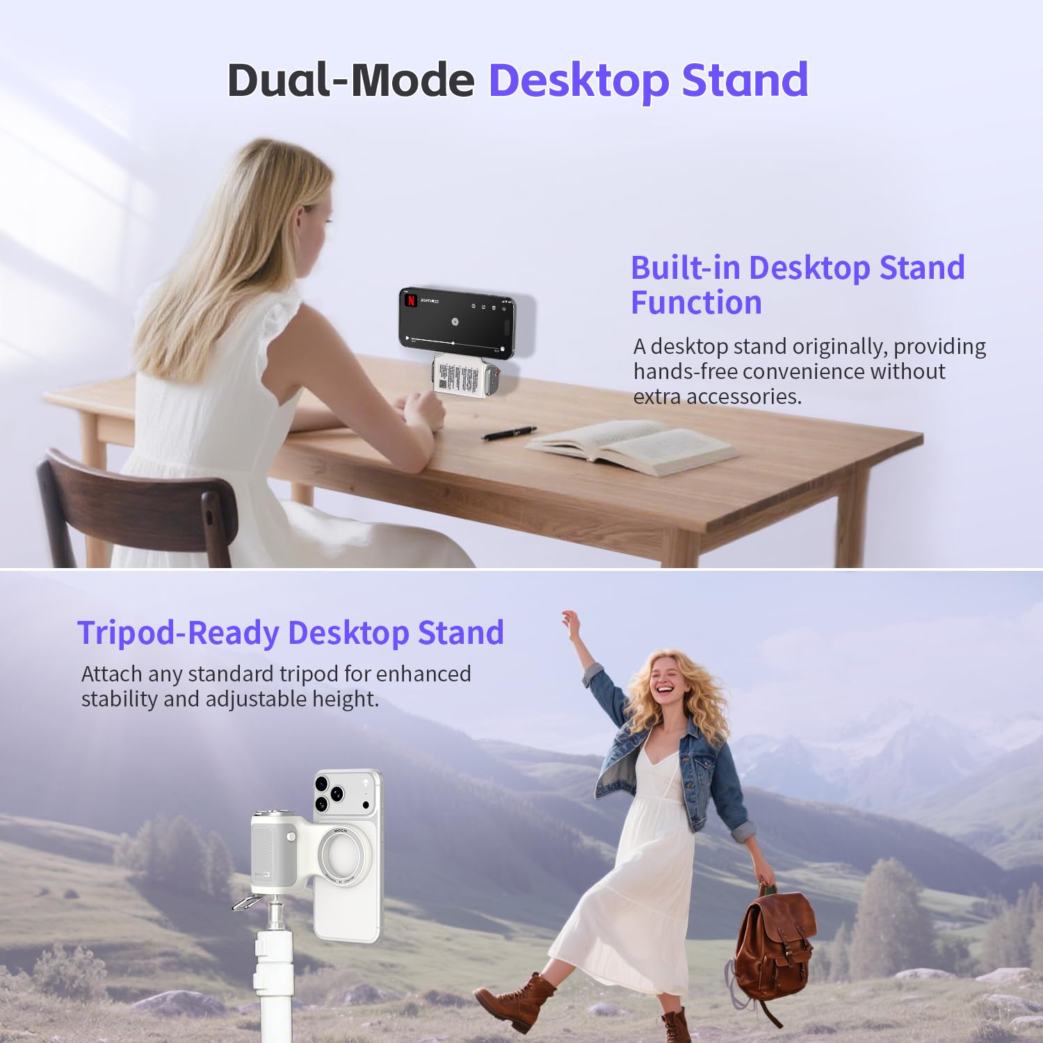 COMITOK MOCA - Soporte de trípode para teléfono con ventosa para iPhone 17 con iOS 26, accesorio de disparo con control remoto desmontable, interruptor horizontal y vertical, soporte de teléfono para