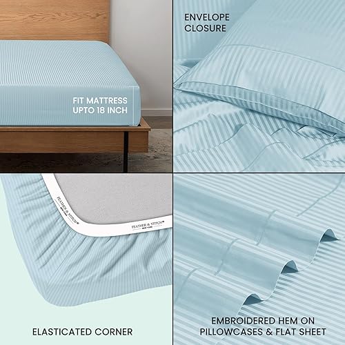 Miniatura 3 de Feather & Stitch - Sábanas de damasco tamaño California King, 100% algodón suave, transpirable, 4 piezas, bolsillos profundos de 18 pulgadas, tejido