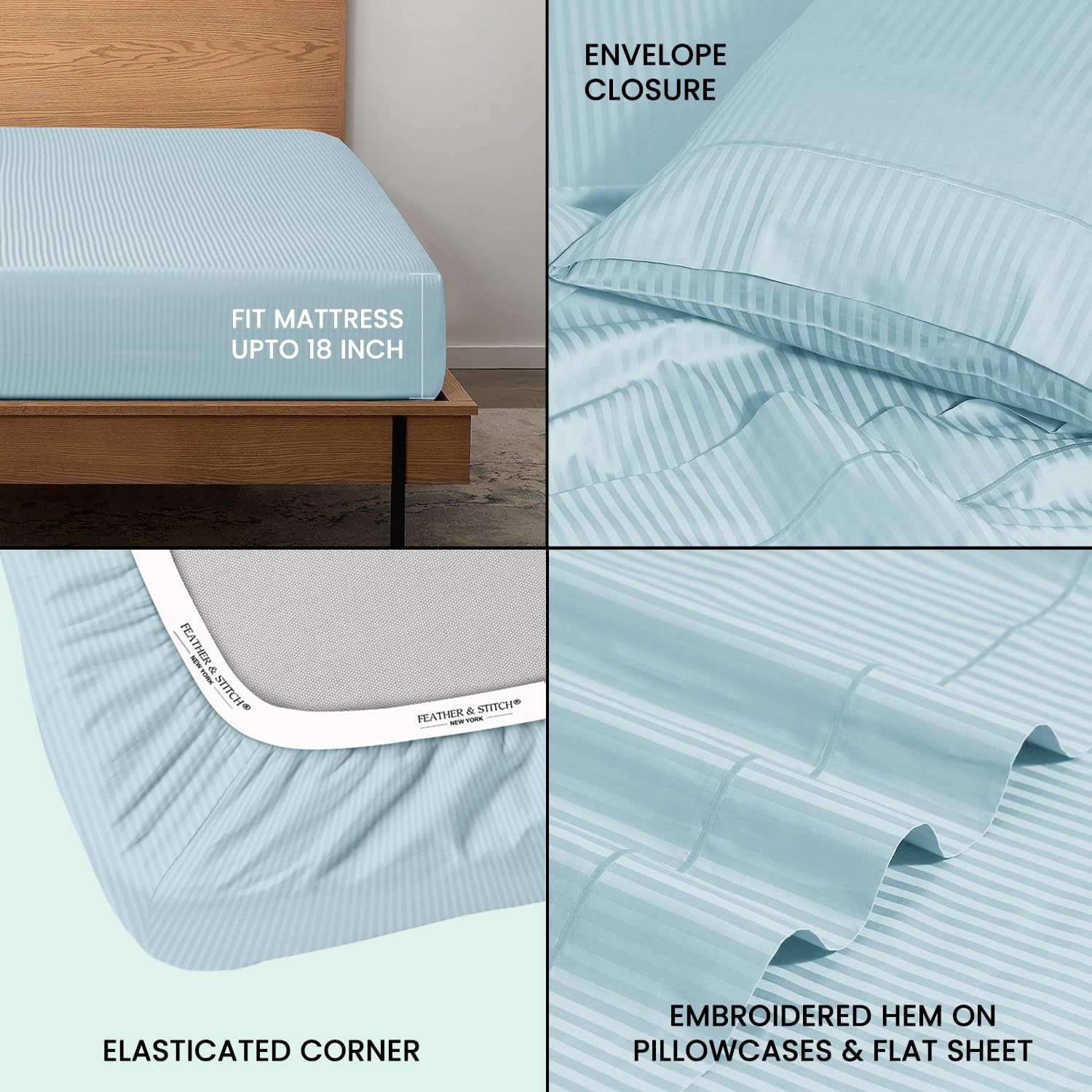 Feather & Stitch Twin Size Damask Stripe Sheet Set, 3 Piece Set, Ultra Soft 100% Cotton Sheets - Image 3