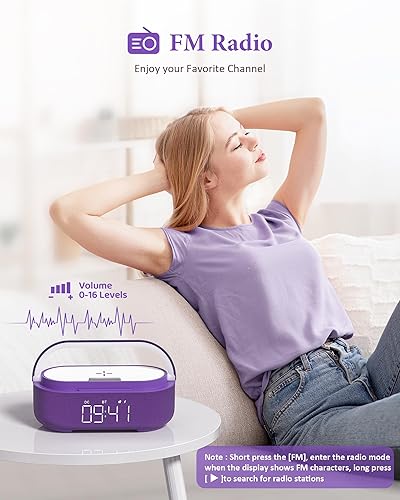 Vista 26 de Altavoz Bluetooth con cargador inalámbrico, radio FM, luz nocturna LED regulable, sonido estéreo, altavoces inalámbricos duales, altavoz portátil