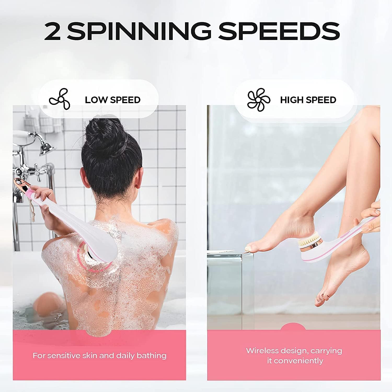 Rechargeable Electric Body Brush with Long Handle and Multiple Brush Heads, Pink