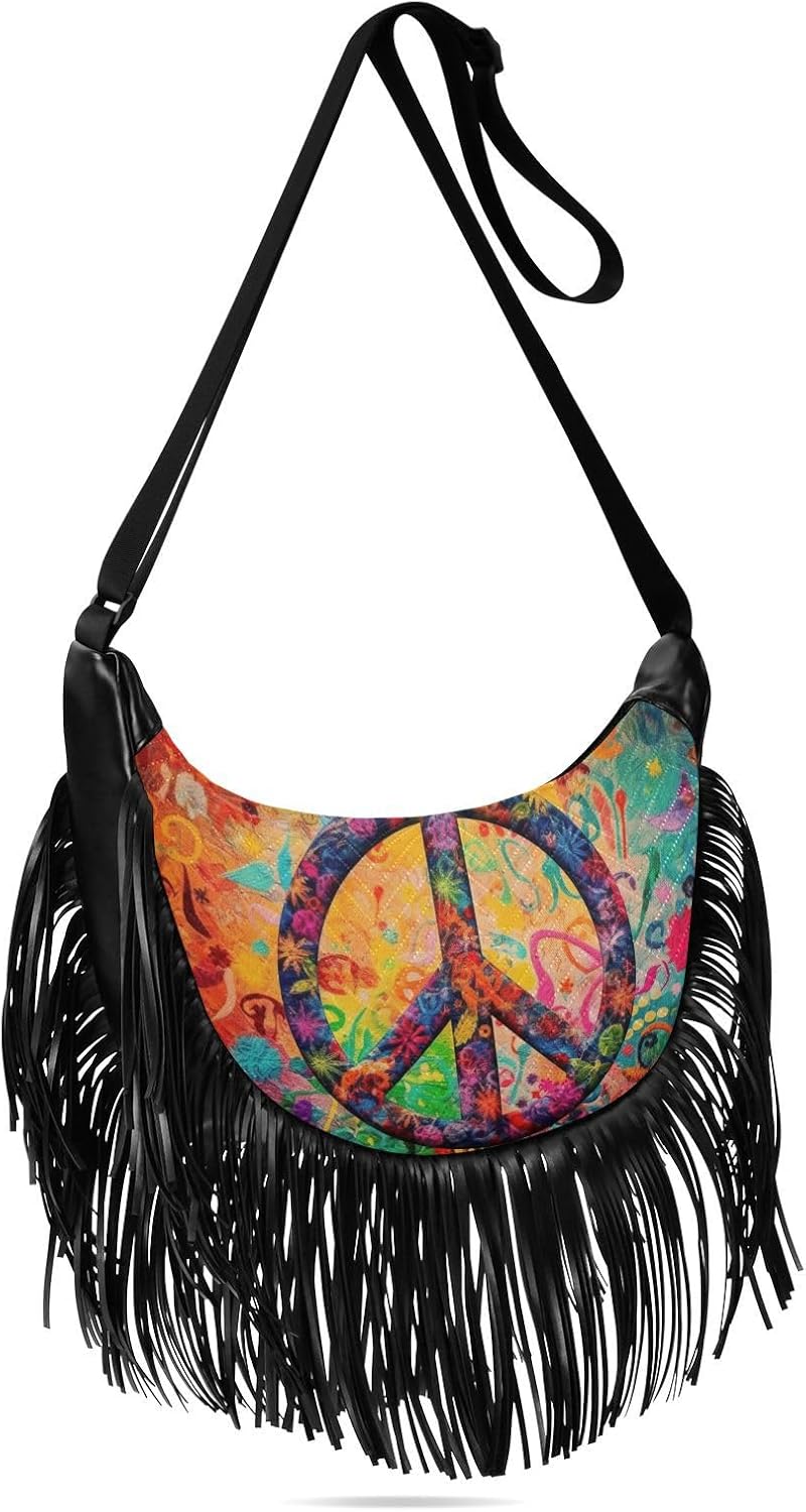 Peace Sign Artwork Fringe Hippie Purses, Western Tassel Bags Crossbody Bags for Women with Adjustable Strap Fabric and PU Material