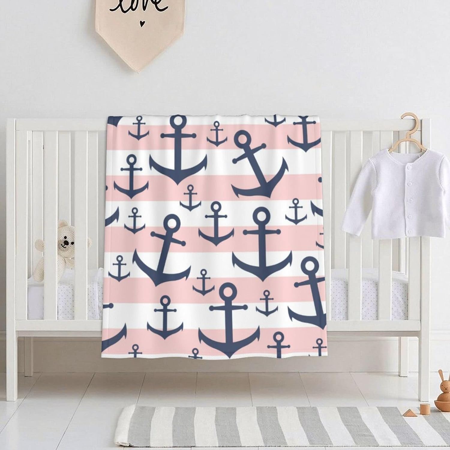 DKJlitter Baby Blanket for Boys Girls, Nautical Pink Stripe Navy Blue Anchor Pattern Super Soft Comfy Toddler Baby Newborn Double Layer Blanket Shower Gifts for Stroller & Crib 30 x 40 Inch