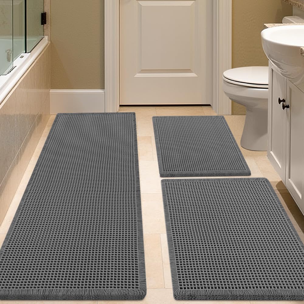 IM HOME Waffle Bath Mat Set 3 Piece Grey,Woven Modern Bath Rug Mats, Absorbent Non Slip Bath Floor Mat, Soft Washable Boho Bath Rugs with Tassels for
