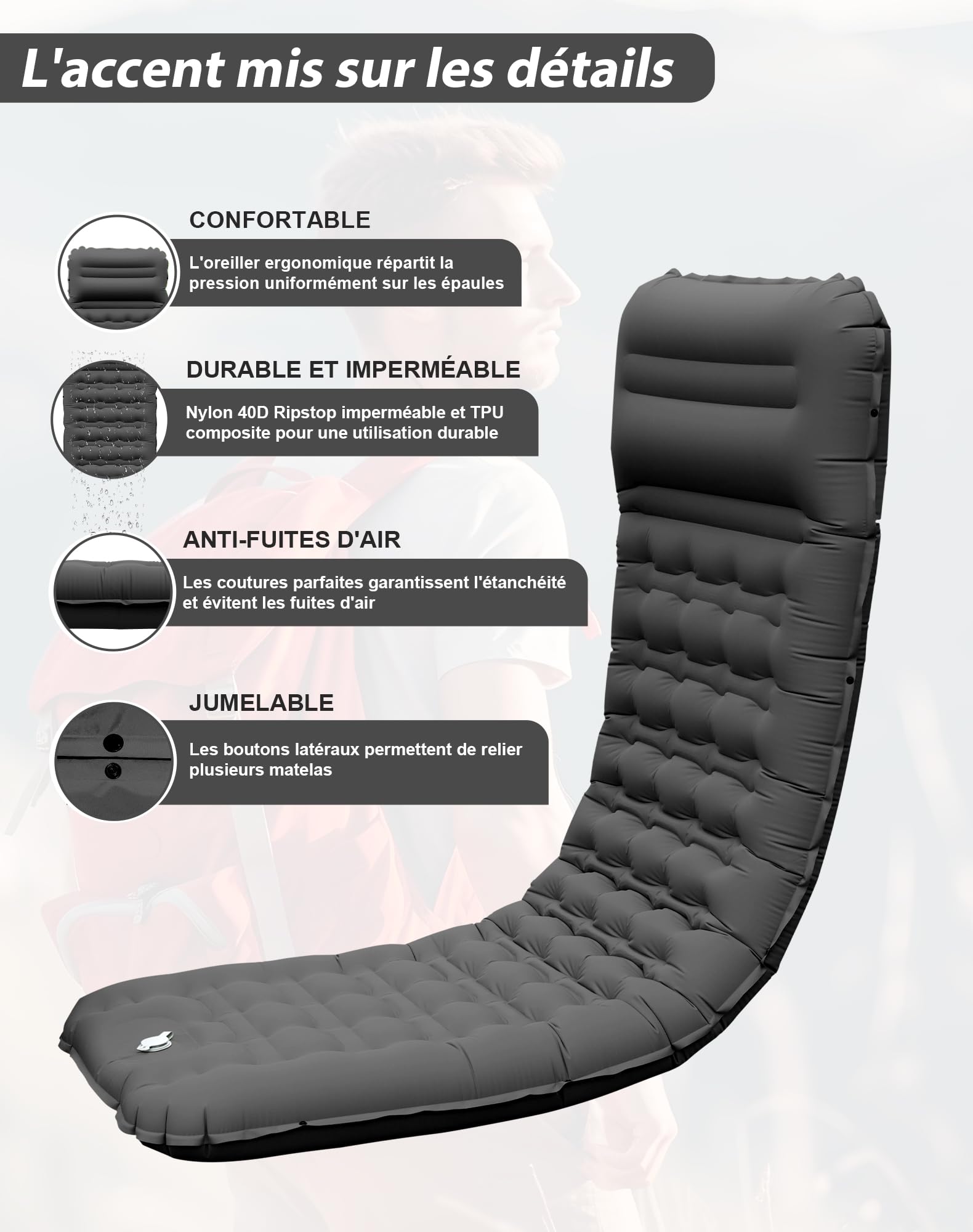 Matelas Camping Gonflable 12 cm Résistant à l'eau Ultra Léger avec Pompe à Pied et Oreiller Intégré Noir