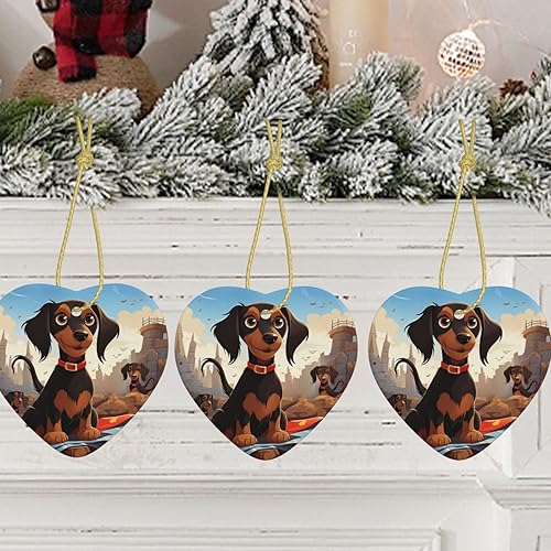 Miniatura 5 de I Love My Dog Dachshunds Adornos de Navidad de cerámica adorno de corazón para árbol de Navidad, corazón colgante de cerámica para árbol de Navidad,