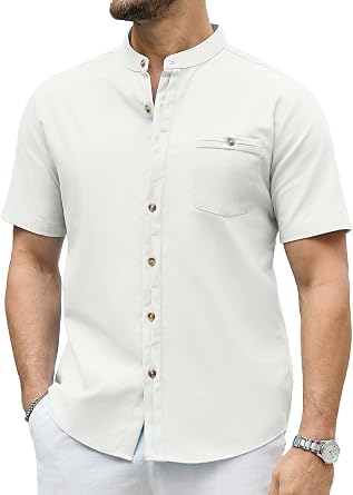 Mens Linen Dress Button Down Shirt for Men Casual Short Sleeve Beach Summer Shirt