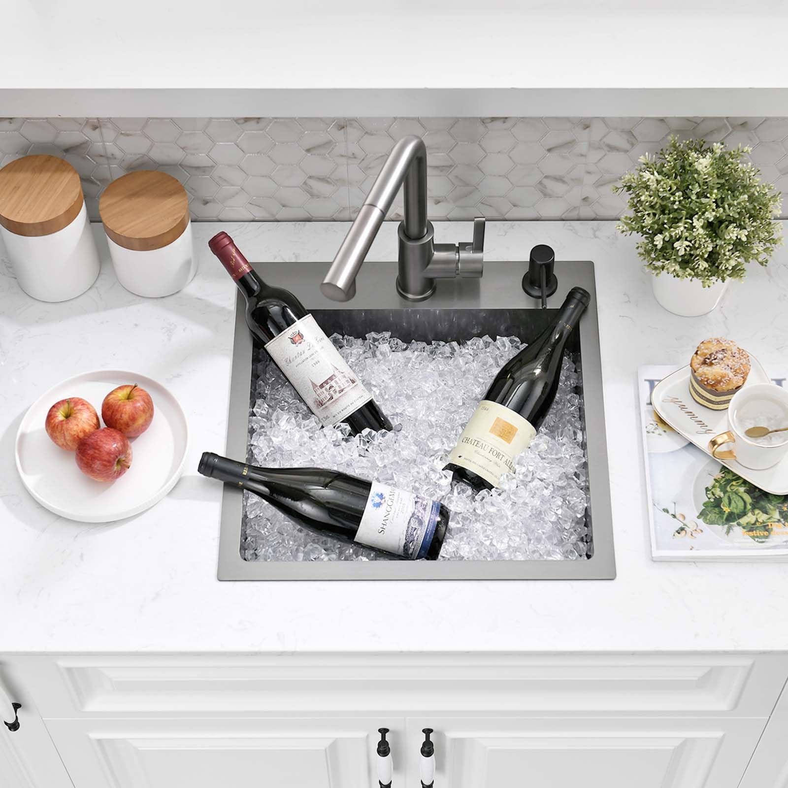Bokaiya Lavandino Cucina Nero, 40x45 cm, Lavello Cucina 1 Vasca in Acciaio Inox, Lavello da Esterno per Camper con Set di Drenaggio e 2 Fori di Preforato, Installazione a Sopratop o Filotop