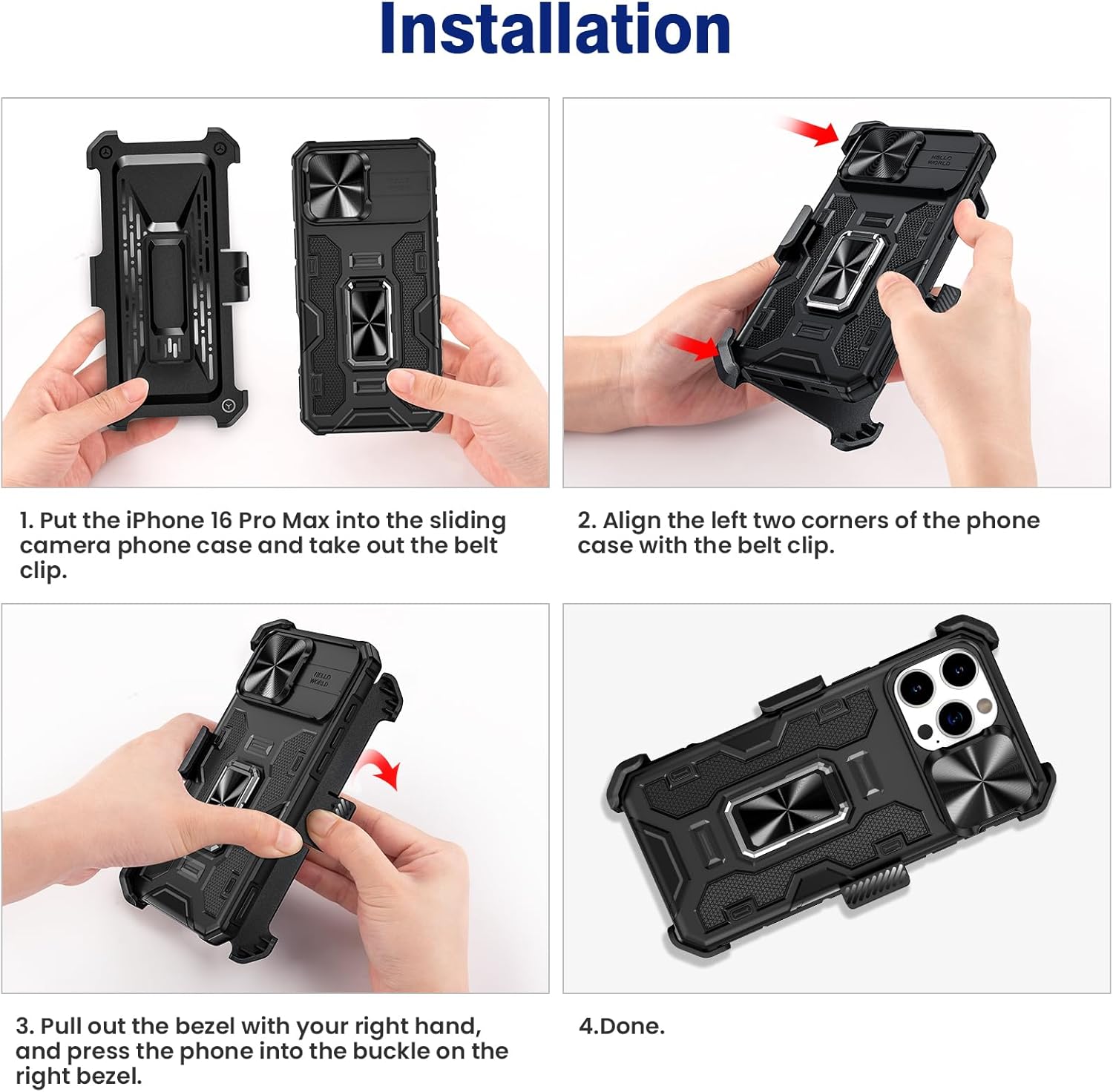 VEGO for iPhone 16 Pro Max Case, with Belt Clip Holster & Slide Camera Lens Protector & 360°Rotatable Ring Kickstand Military Grade Heavy Duty Protection Cover for 16 ProMax 5G 6.9 Inch - Black - Image 8