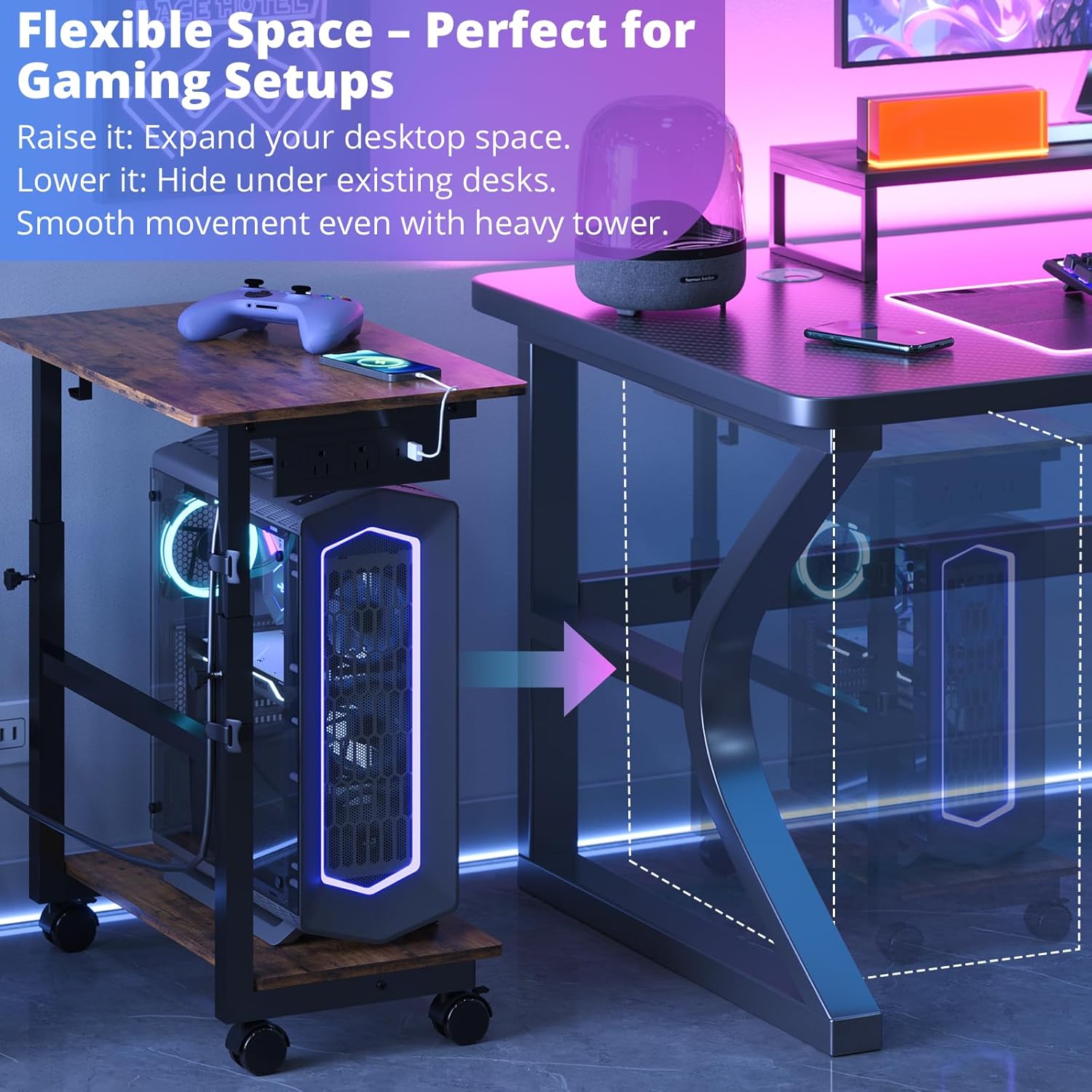 HavenlyYouth 2-Tier Computer Tower Stand with Power Outlet, Height Adjustable PC Tower Stand with Wheels, ATX-Case CPU Holder Cart with Hooks for Home, Office, Gaming (Brown)