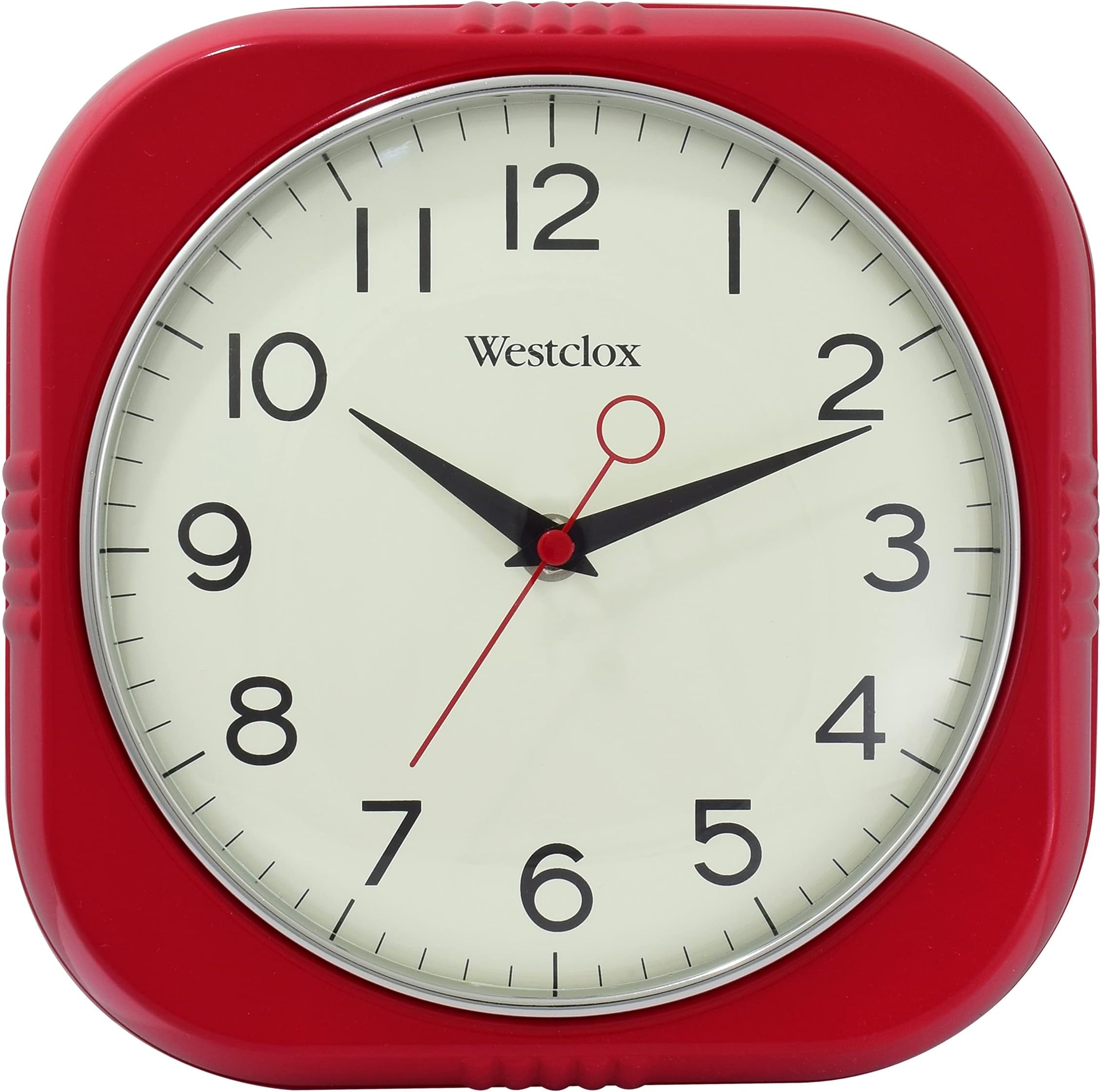 Westclox32948R 9.5 inch Square Retro Wall Clock - Chrome Trim - Convex Dome Glass Lens - Easy to Read - Battery Operated Clock for Kitchen, Garage or Office (Red)