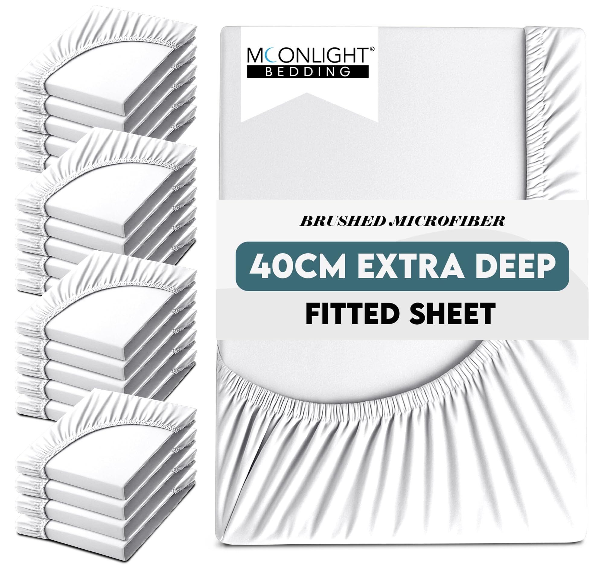 Moonlight Bedding Single Fitted Sheets 20 Pack 40CM White Bed Sheet with Elastic Corners 16 Inch Extra Deep Pocket Brushed Microfiber Easy Care Breathable Shrinkage Fade-Resistant Bedsheets โ image 1