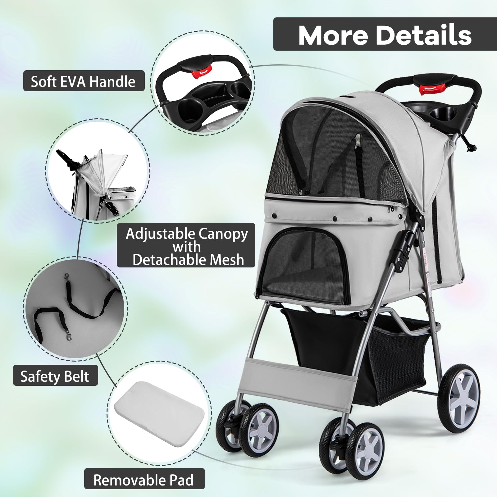 SOARS Hundebuggy, Hundewagen bis 15kg klappbar, Katzenwagen mit Netzfenstern & Getränkehalter & Aufbewahrungskorb, Haustier-Kinderwagen für kleine Haustiere (Grau)