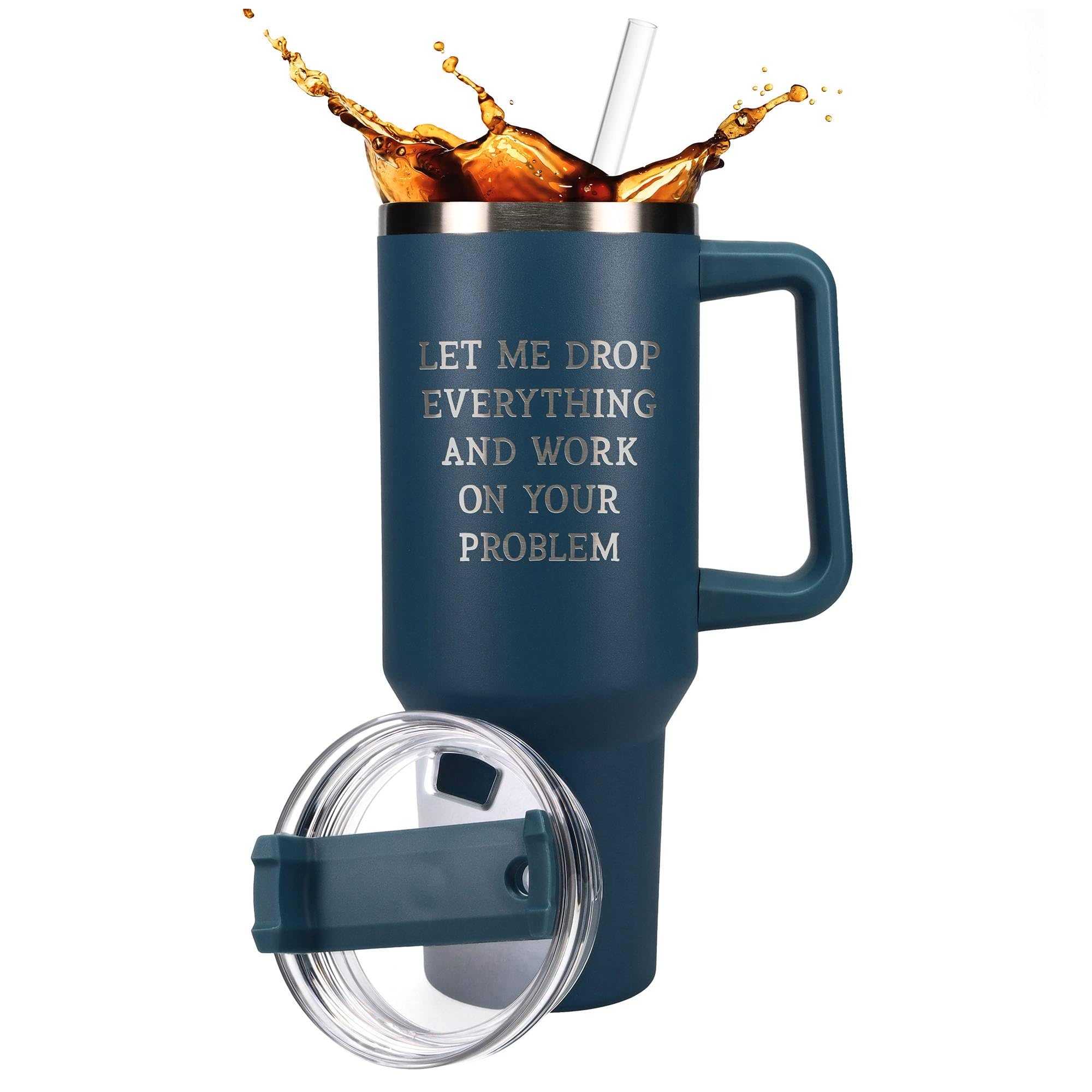 Sodilly 40 oz Tumbler with Handle and Straw, Let Me Drop Everything - Blue, Insulated Coffee Mug with Lid - Funny Gift for Adults