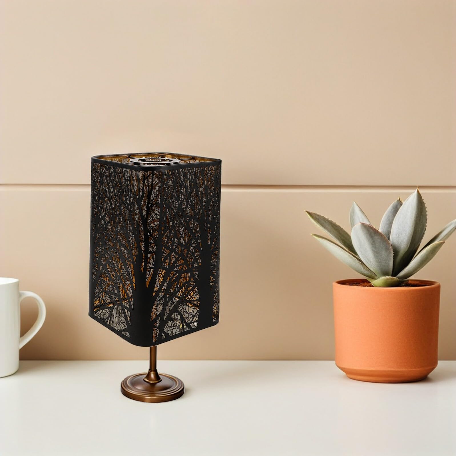 Paralume da Tavolo in Metallo Nero Rettangolare Design Artistico Natura, Resistente alla Deformazione, Versatile per Soggiorno e Camera
