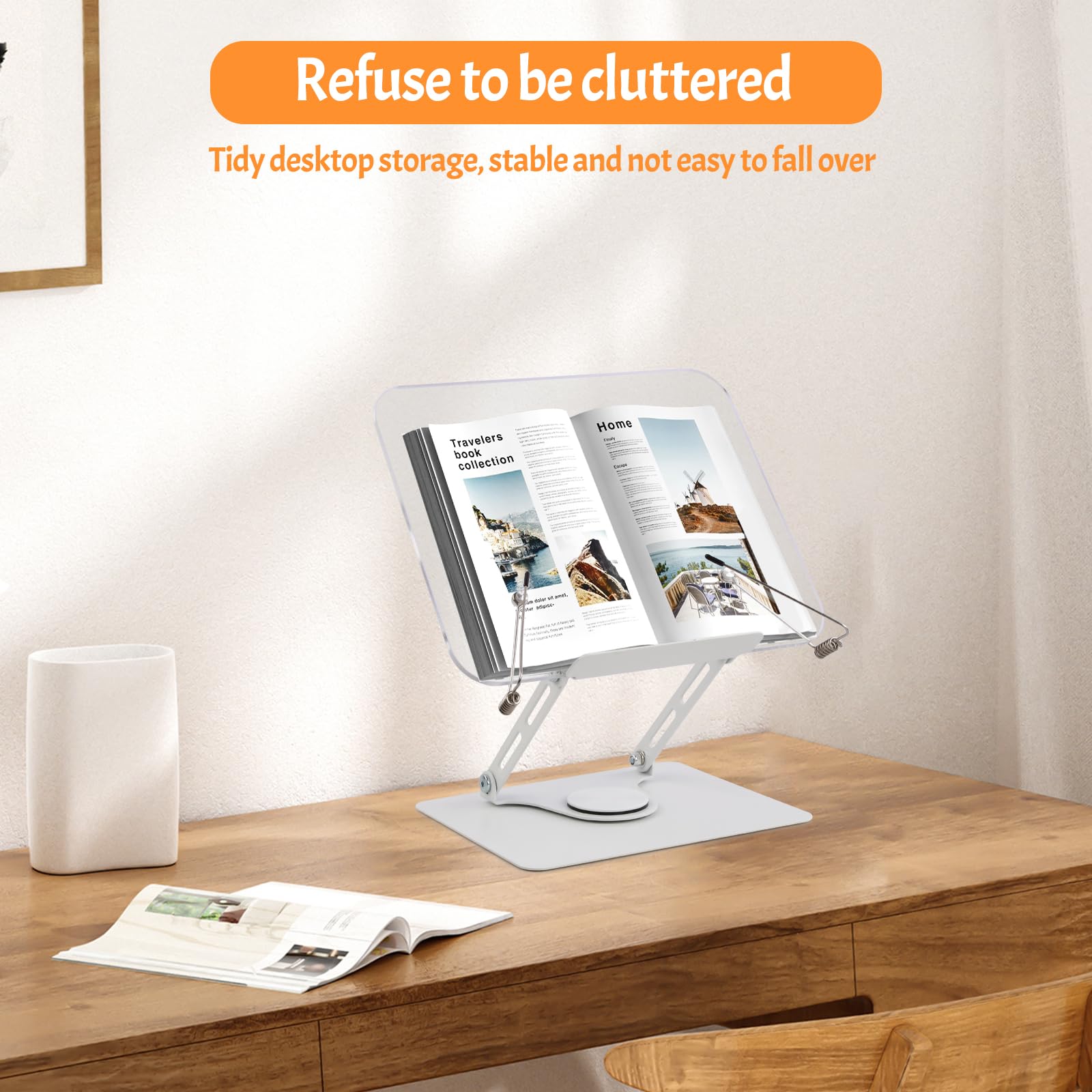 Leggio per Libri in Acrilico con Base Girevole 360° e Clip Elastiche, Regolabile 4,4-39 cm, Pieghevole Porta Libro da Scrivania
