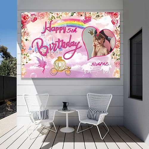 Miniatura 8 de Suministros decorativos personalizados para fiesta de cumpleaños de castillo de princesa, pancarta de fondo de cumpleaños rosa real para fiesta de
