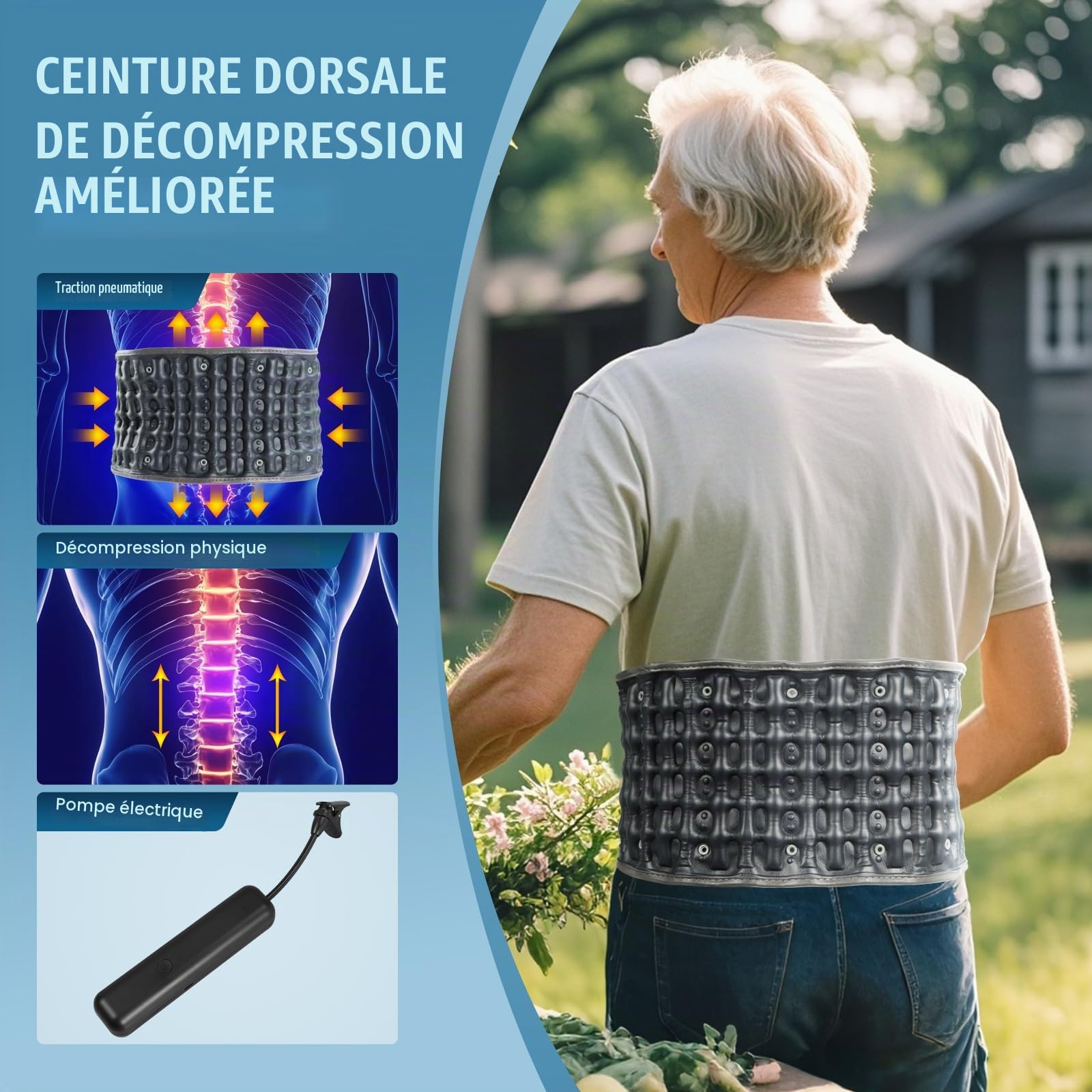 HONGJING Ceinture dorsale de décompression avec pompe électrique pour soulager les maux de dos, soutien lombaire gonflable pour le levage, taille unique, taille 63,8 à 1012,7 cm