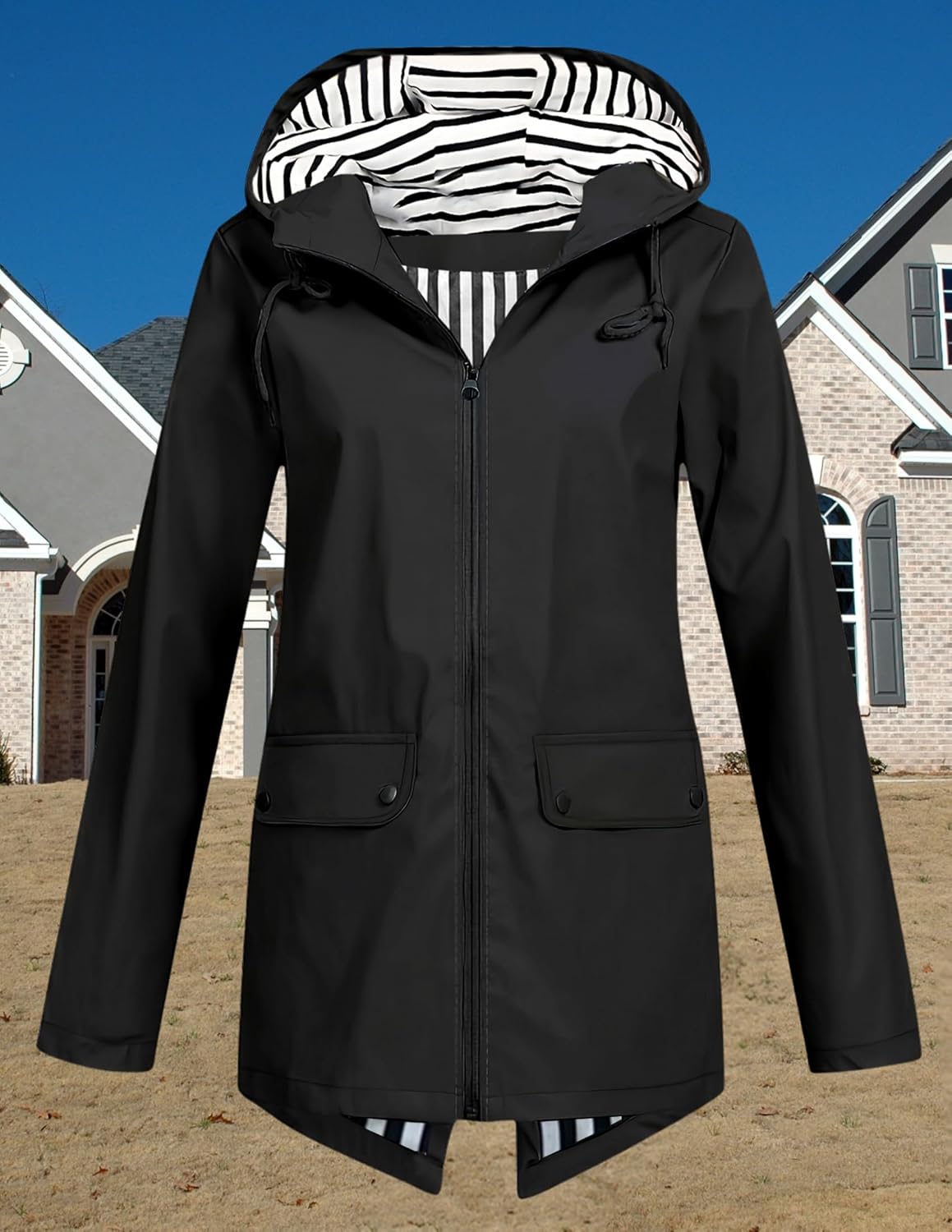LIZALIG Womens Jacket Long Waterproof Striped Lined Lightweight Windbreaker With Hood Zip Up Rain Coat